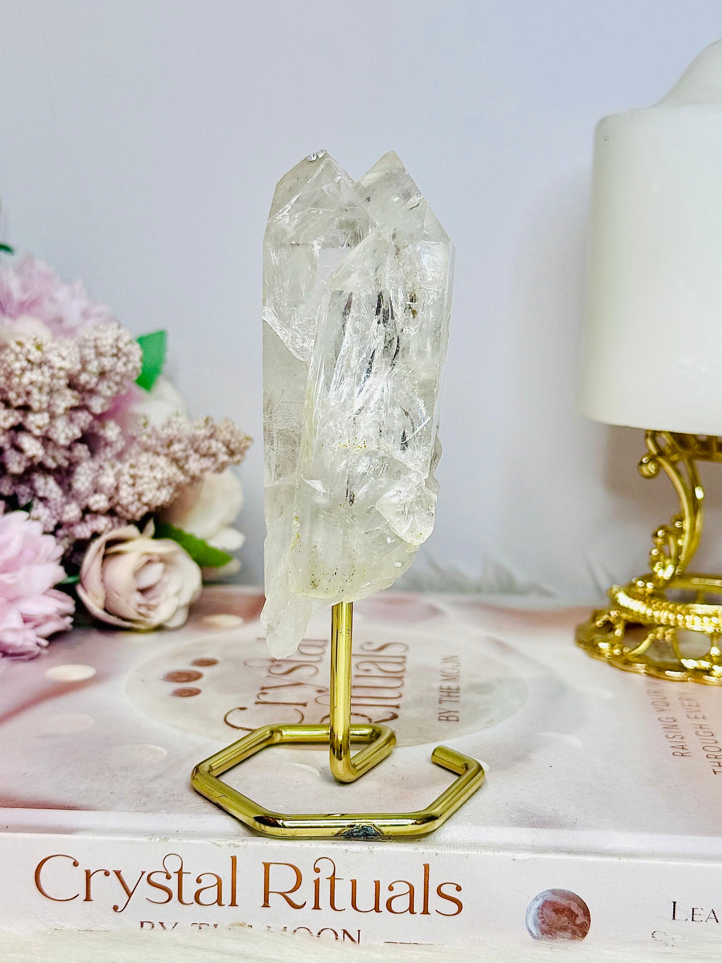 Clear Quartz Double Terminated Point Tower on Gold Stand 13cm