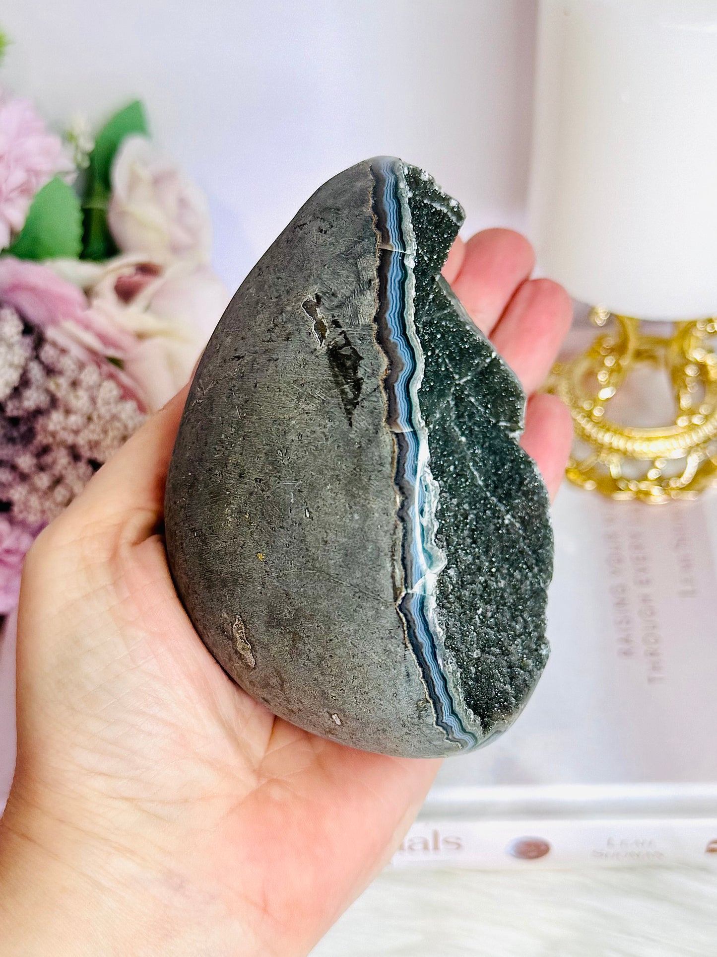 Large Black Amethyst Carved Egg On Stand 534g