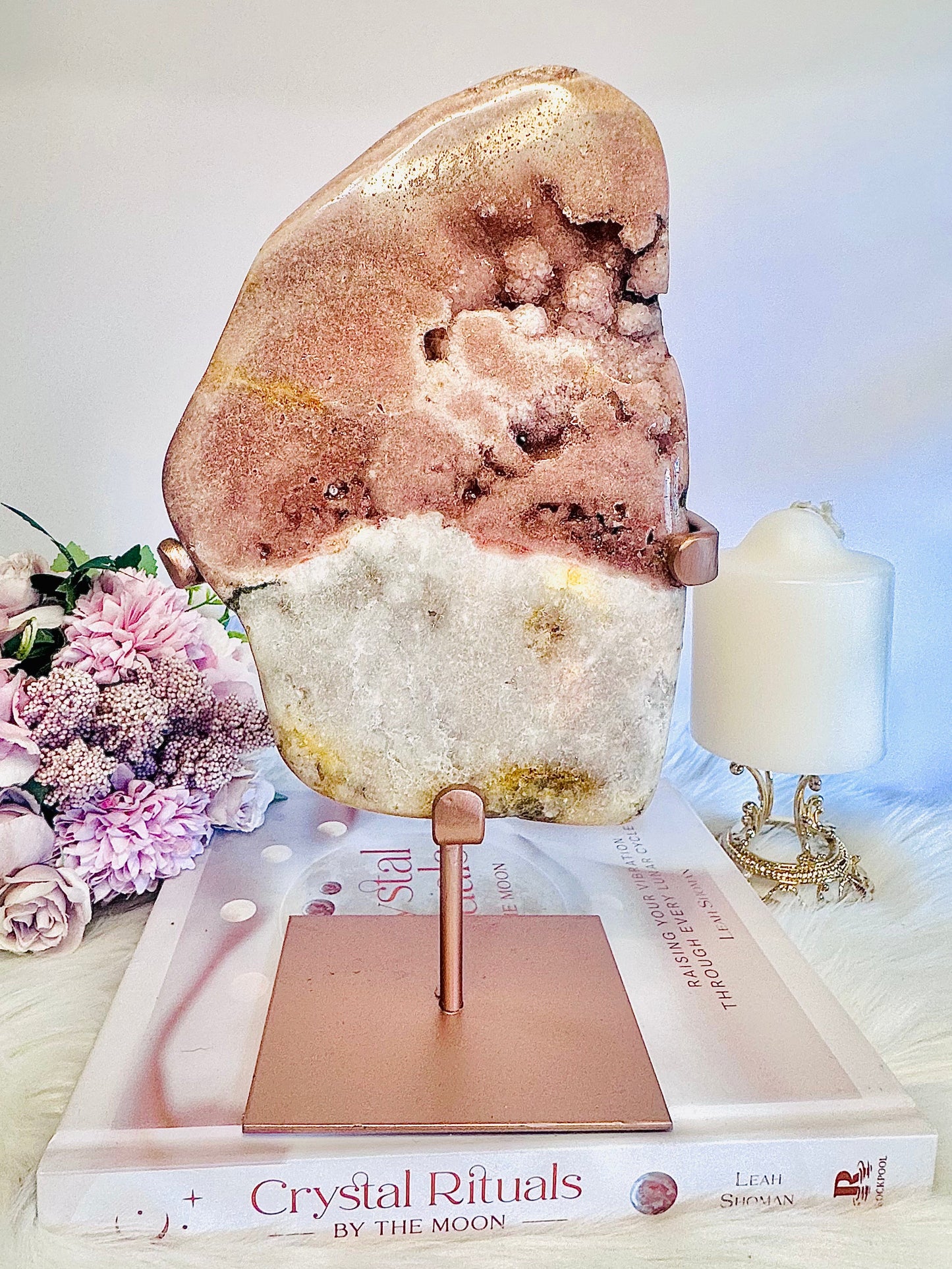 Large 1.34KG 27cm Pink Amethyst Natural Chunky Druzy Slab On Rose Gold Stand From Brazil
