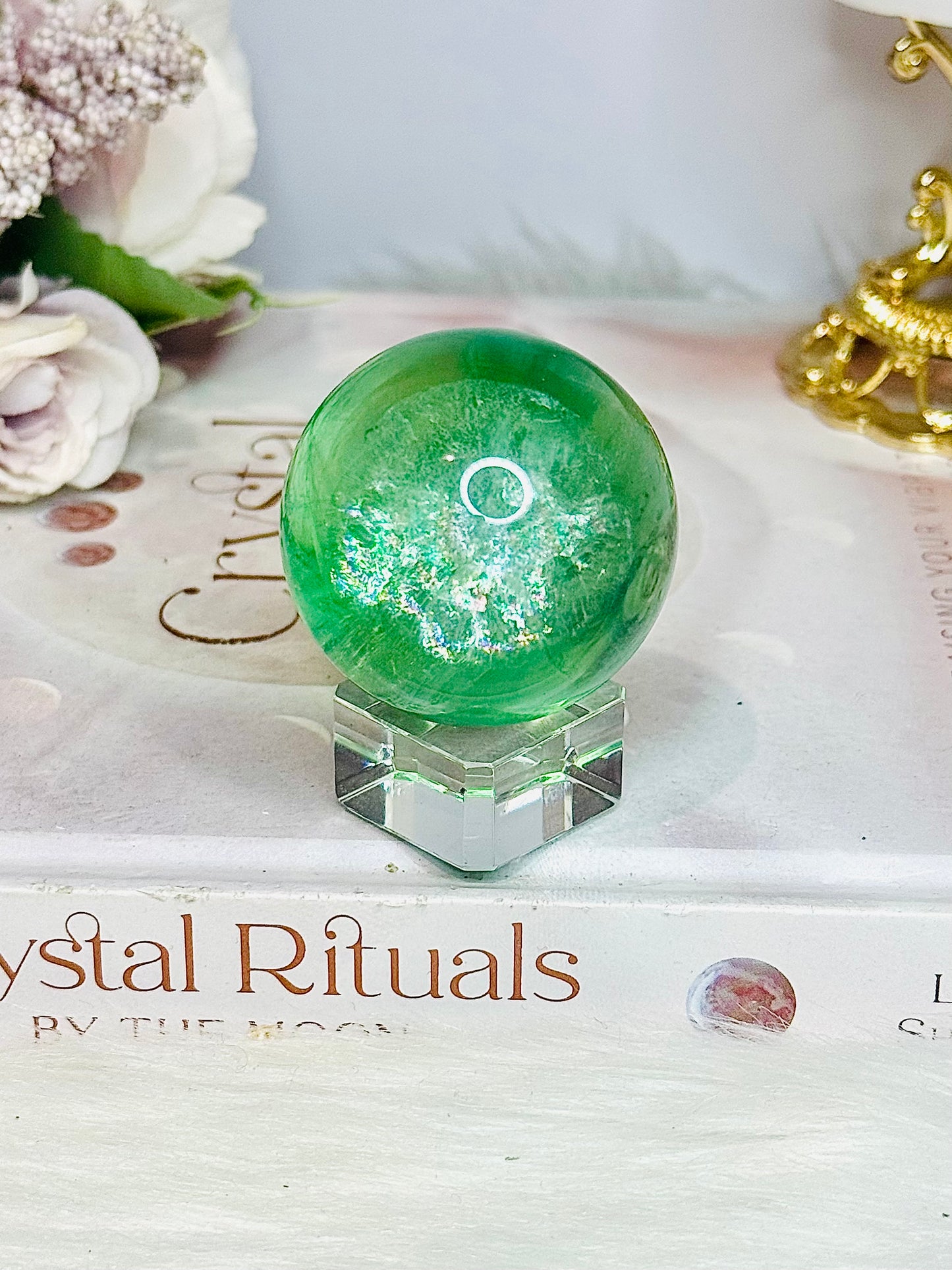 High Grade Green Fluorite Sphere Full of Rainbows On Stand 5cm