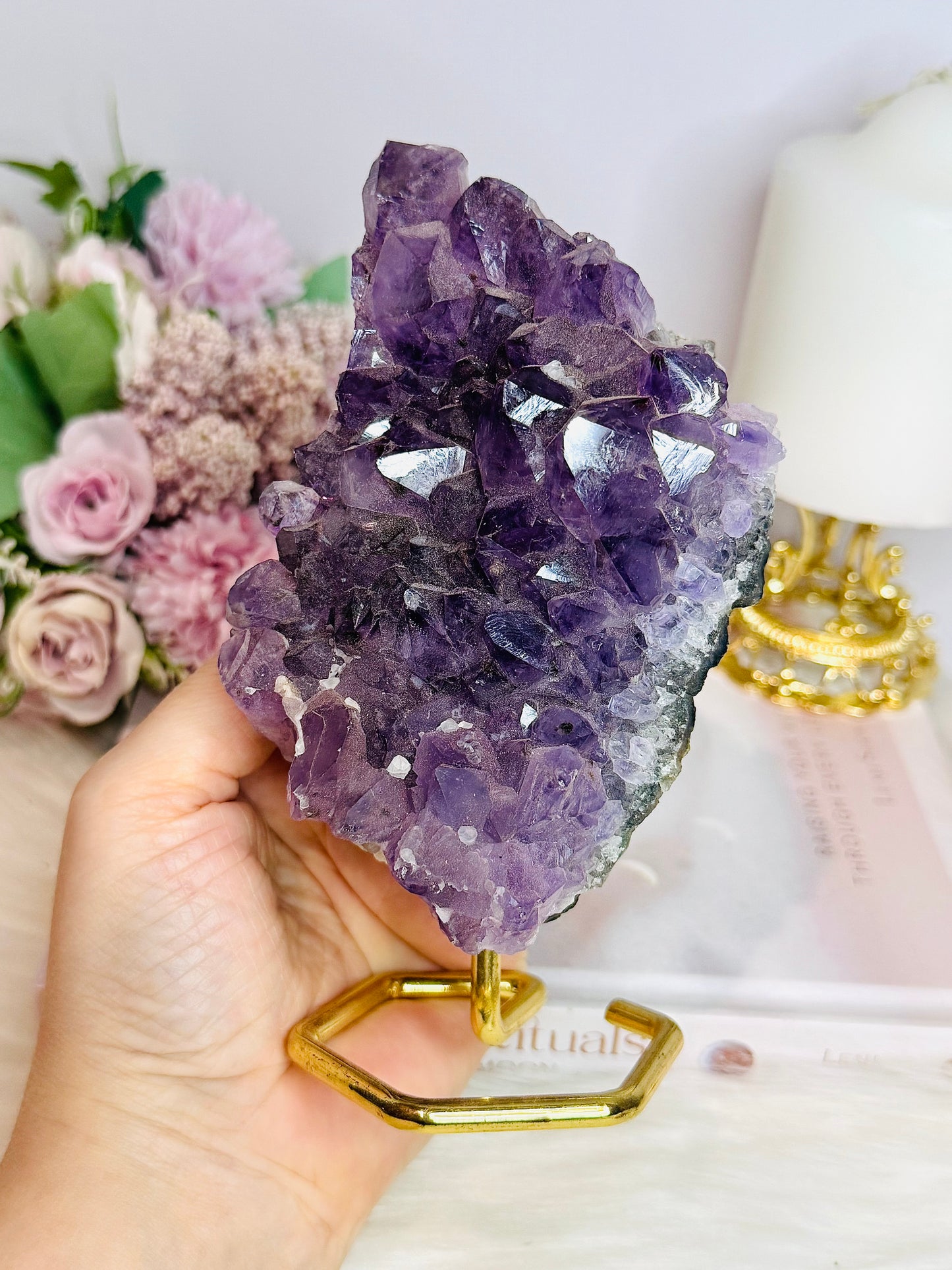 Large Natural Amethyst Cluster On Gold Stand 16cm 625g