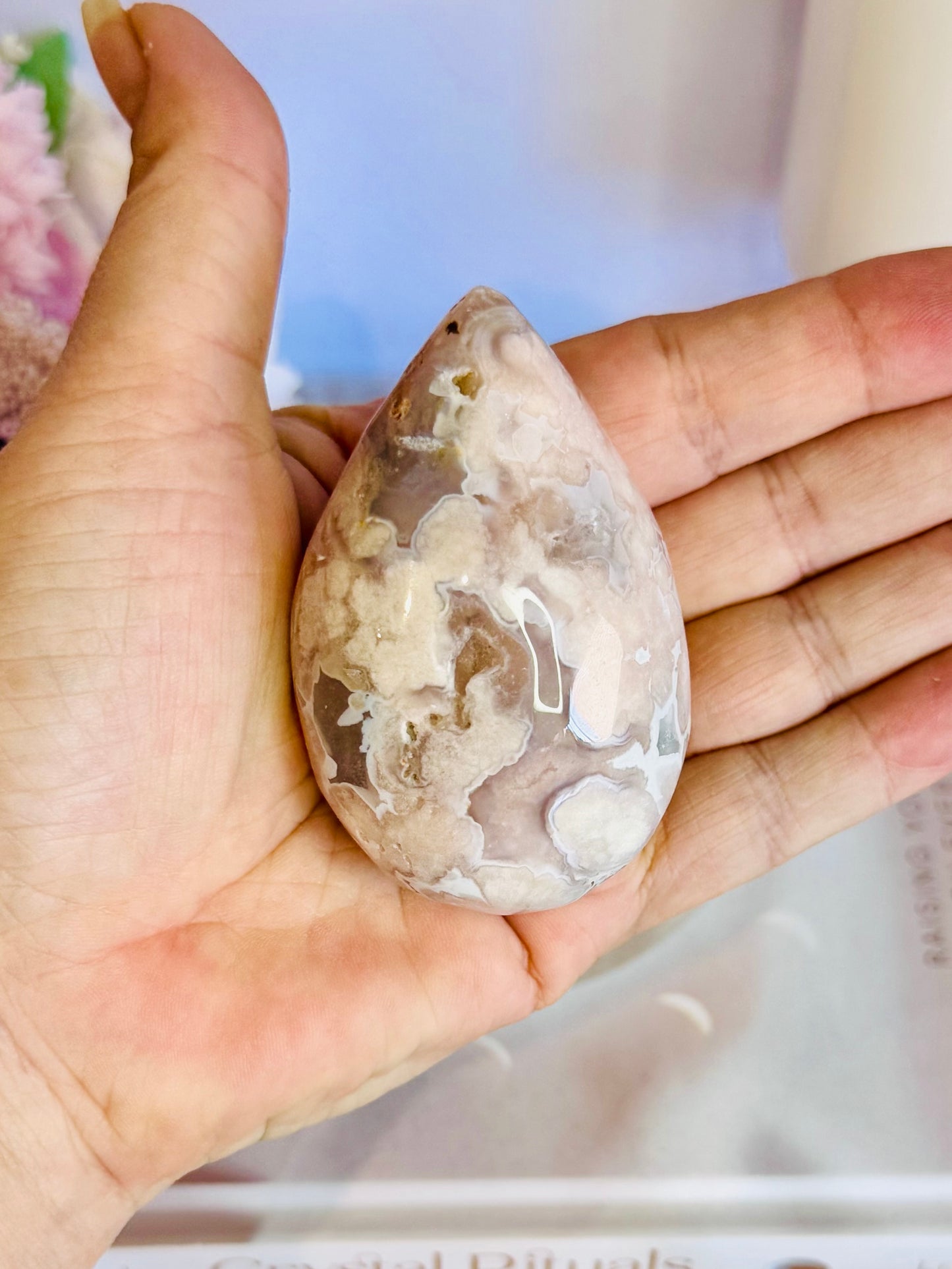 Flower Agate Carved Druzy Egg on Stand From Madagascar