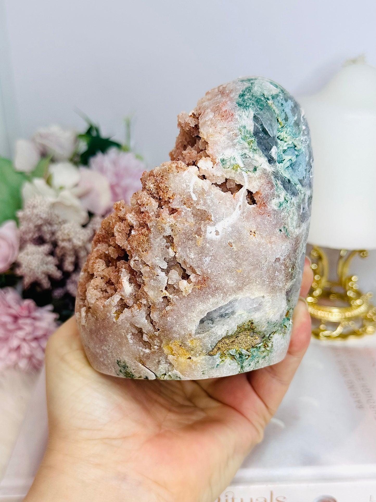 Large Natural Pink Amethyst Base Cut Freeform Cluster with Green Jasper Inclusions 962g