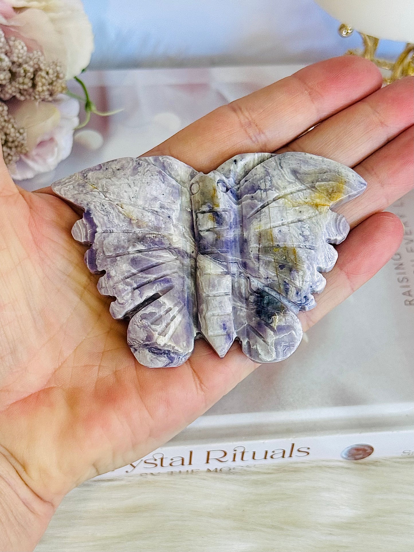 Stunning 10cm Natural Tiffany Stone Carved Butterfly On Stand