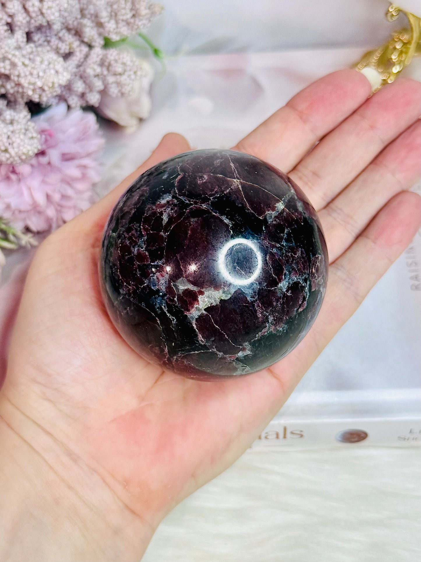 Large Garnet In Astrophyllite Sphere on Stand 532grams