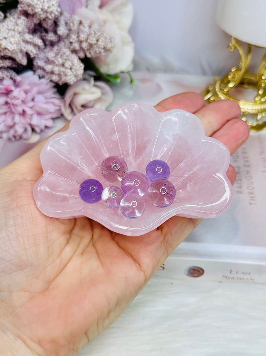 Rose Quartz Carved. Chunky Shell with Mini Amethyst Spheres 9cm