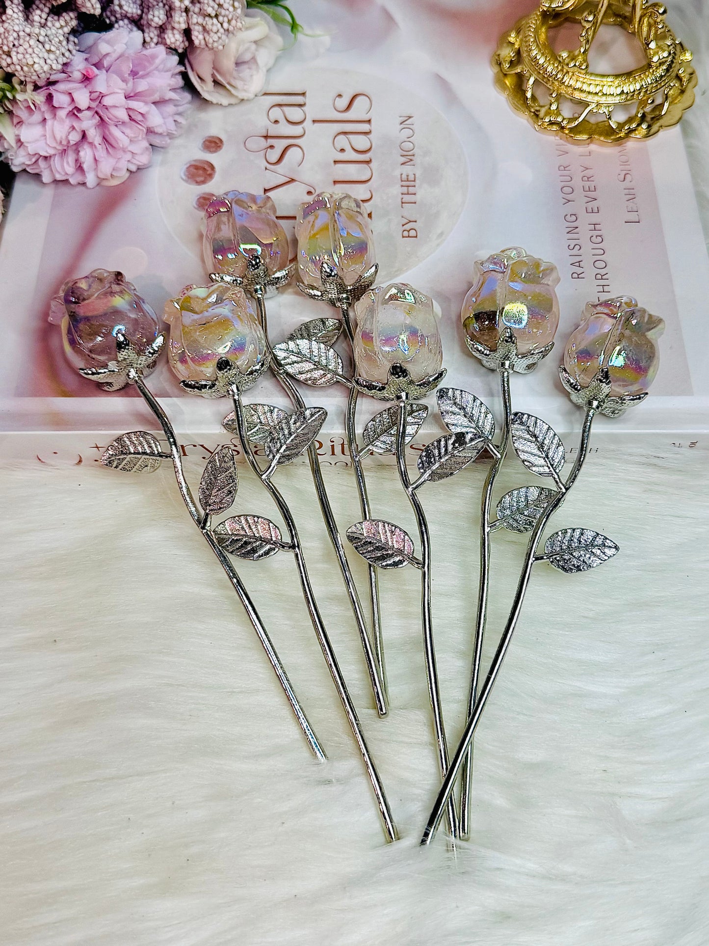 ⚜️ SALE ⚜️ Aura Rose Quartz Carved Forever Rose 15cm with Silver Stem $15 each