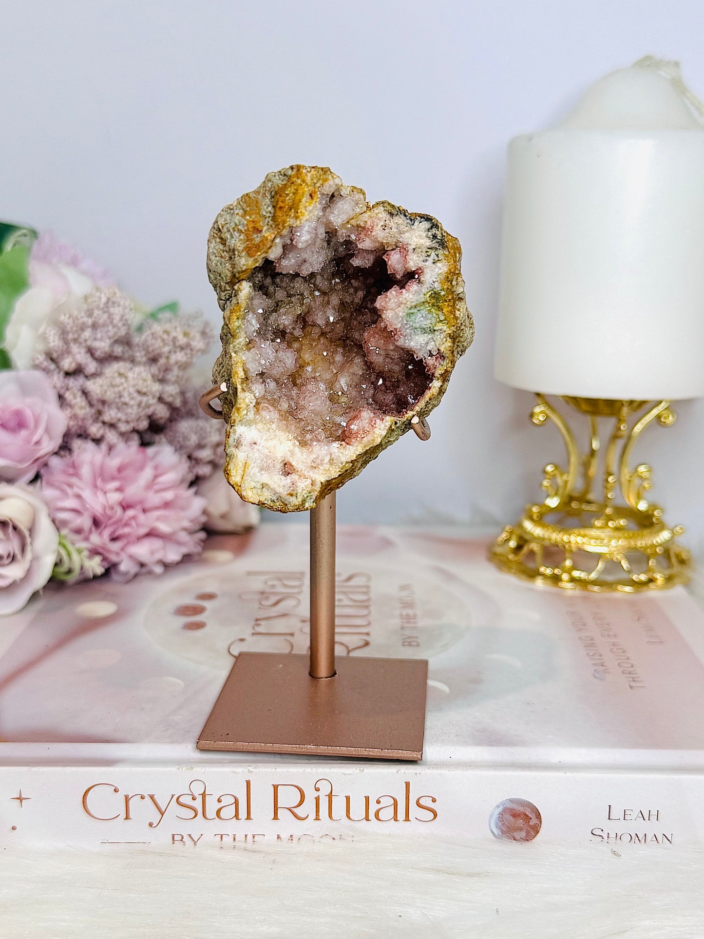 Natural Pink Amethyst Druzy Geode on Rose Gold Stand 13cm