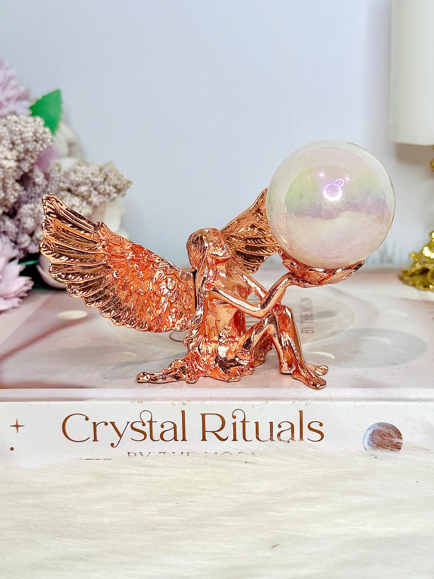 Rose Gold Fairy Stand with Angel Aura Rose Quartz Sphere