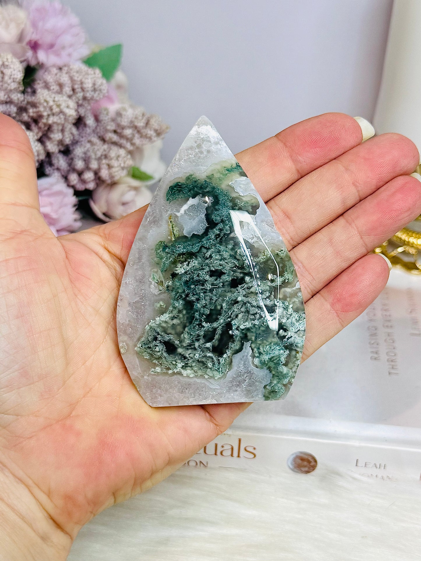 Moss Agate Flame | Freeform on Stand (does not stand on its own) 9cm