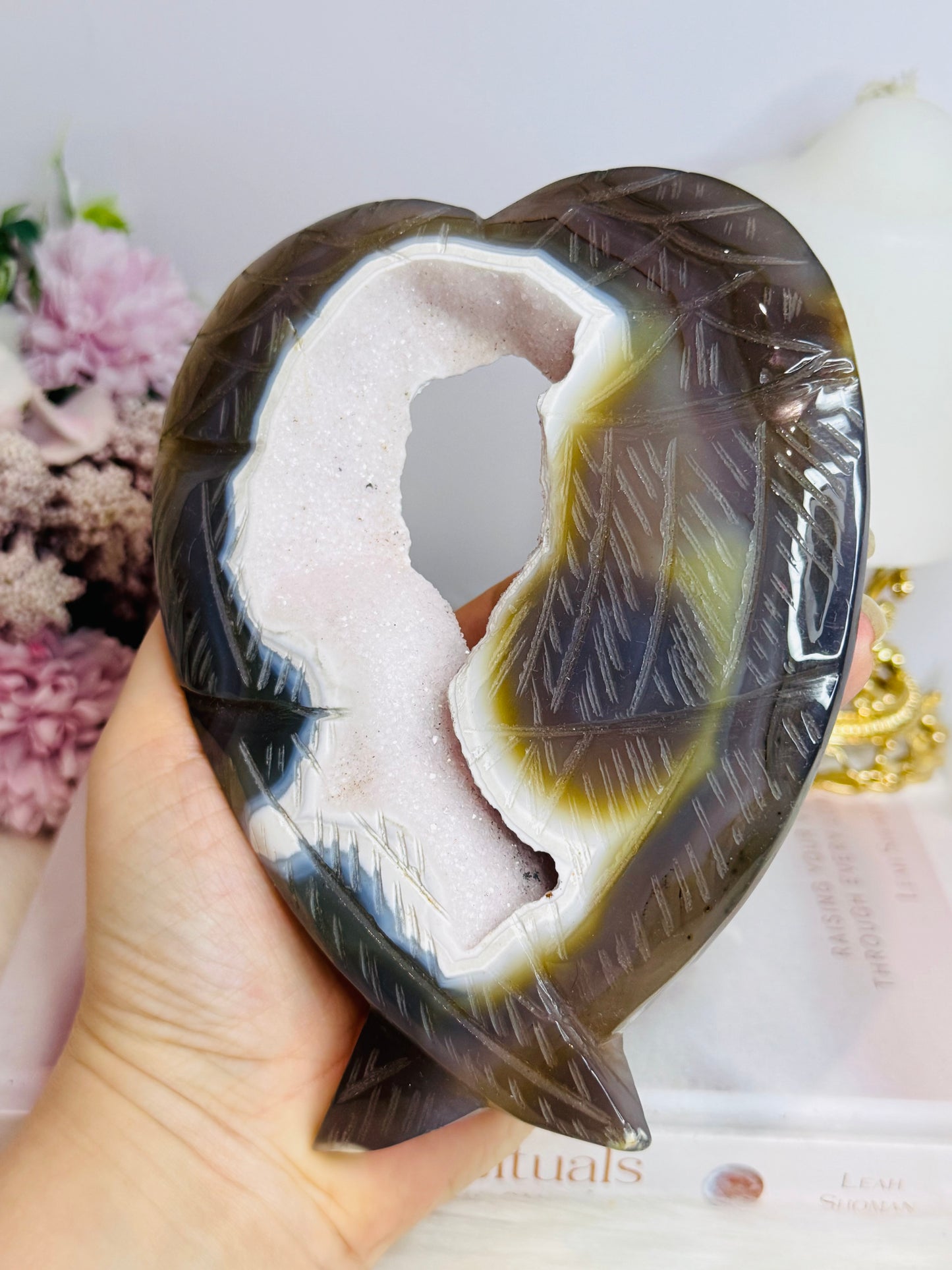 Agate Druzy Carved Heart Wings on Stand 20cm