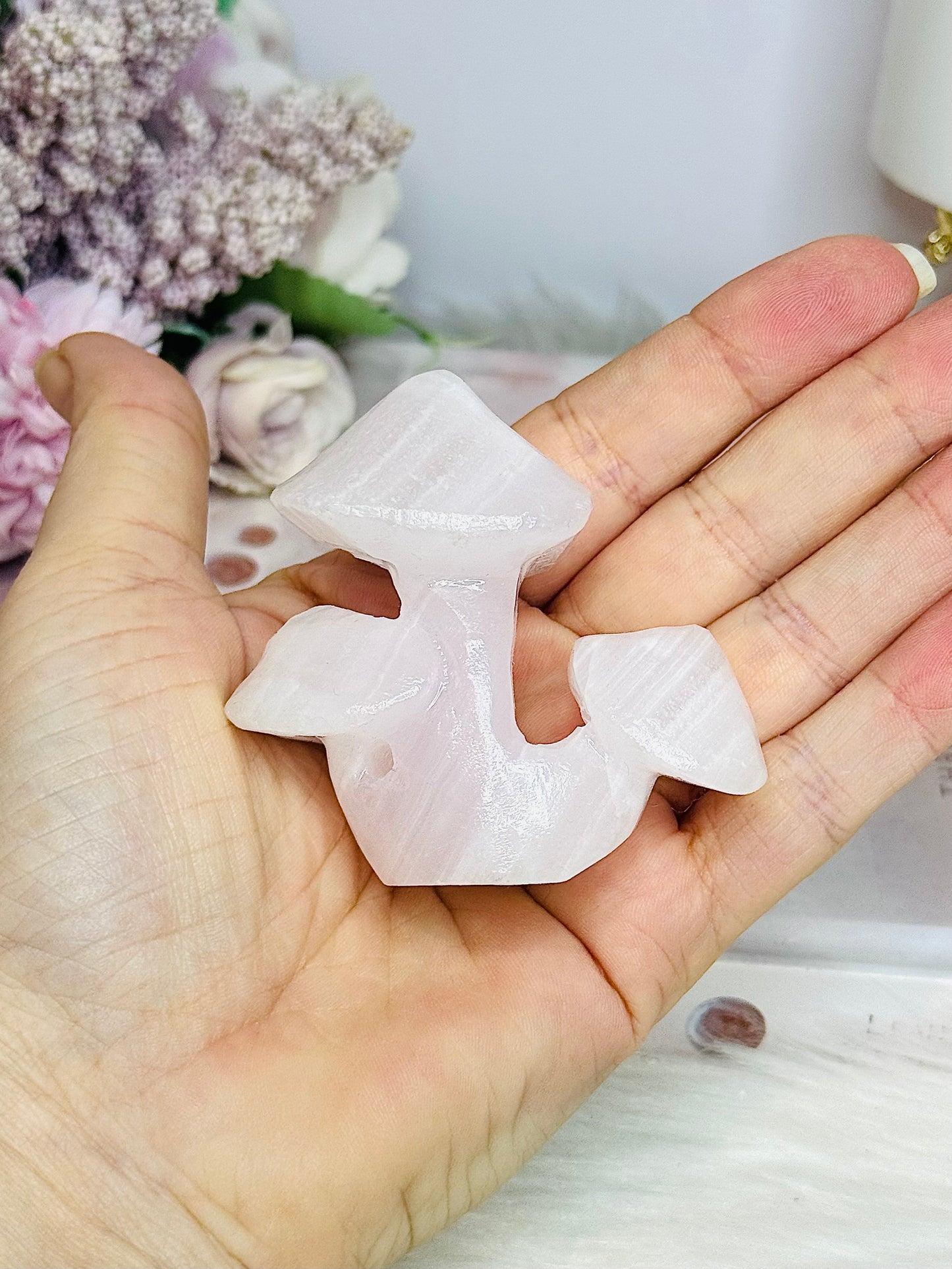 Pink Mangano Calcite Triple Mushroom Carving (UV Reactive)