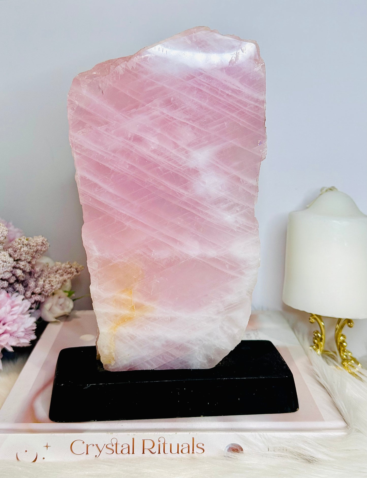 Natural Large Rose Quartz Chunky Slab on Timber Stand 1.53KG 24cm