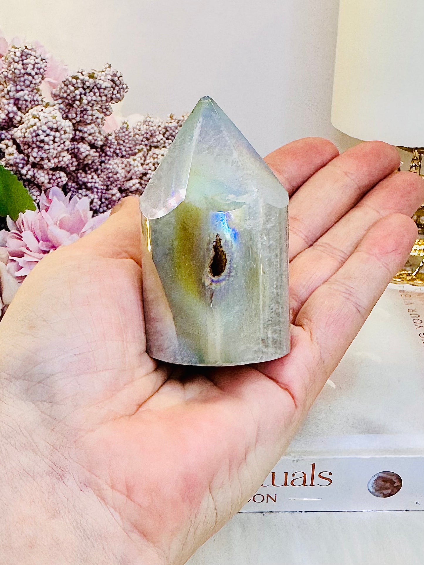 Beautiful 7cm Angel Aura Druzy Agate Tower | Cylinder (Reduced as tip is chipped)