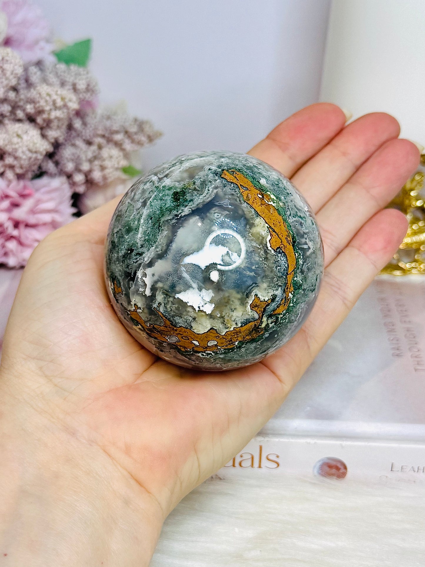 Moss Agate Druzy Sphere On Stand 373g