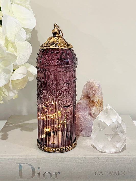 Glass Lantern Led Baroque Plum 22.5cm