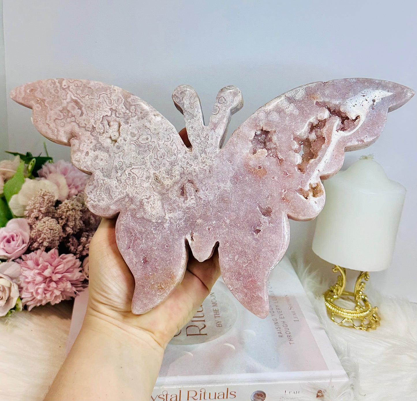 Huge Pink Amethyst Chunky Druzy Butterfly Carving On Stand 29cm Wide x 20cm Tall 1.3KG