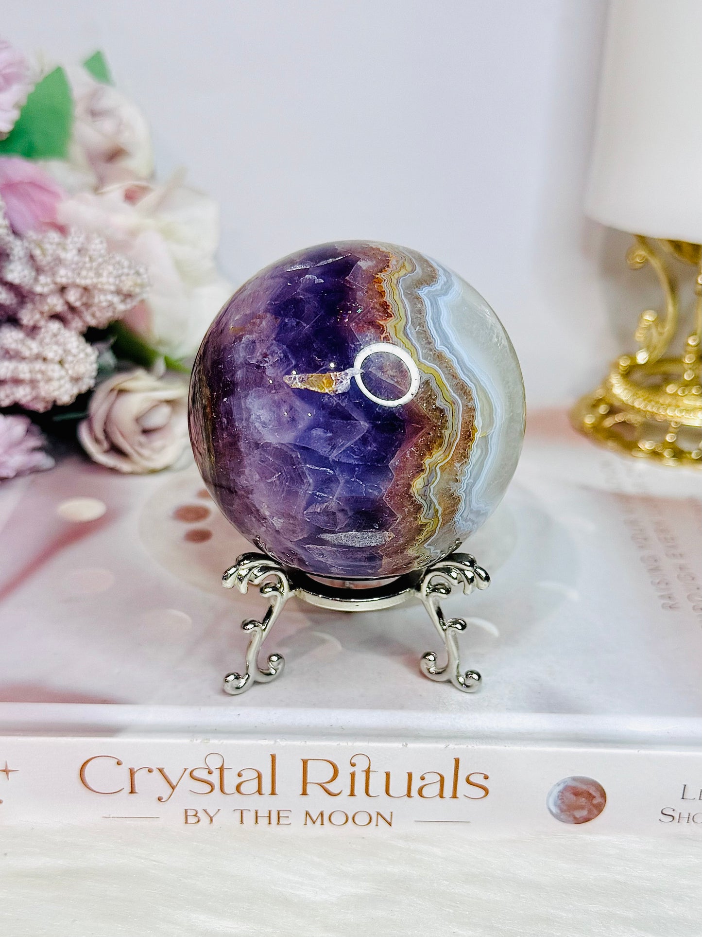 Amethyst X Agate High Grade Sphere on Stand 355grams