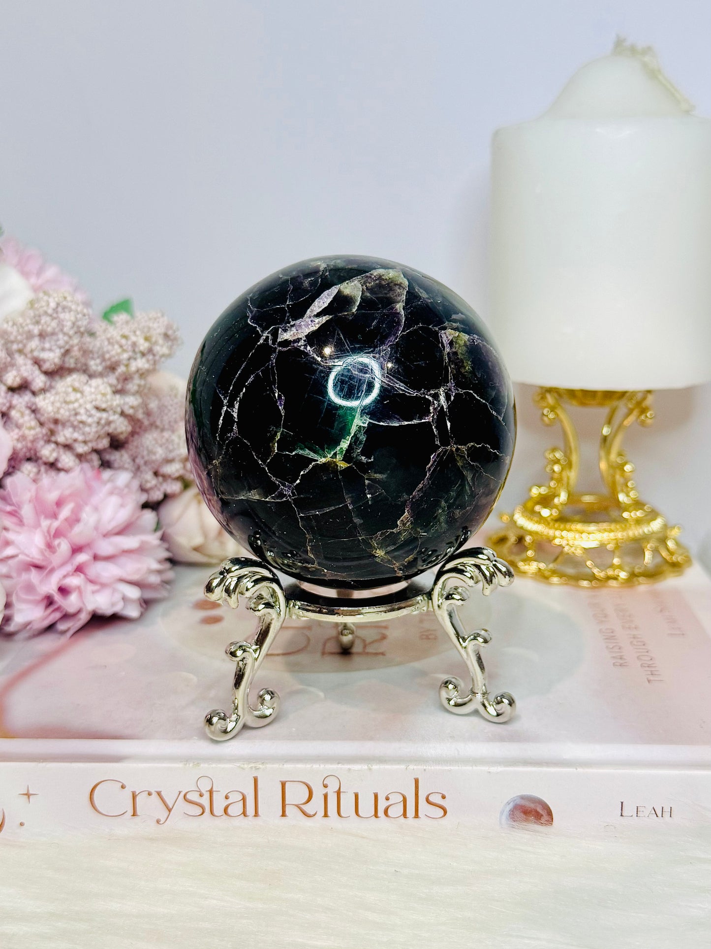 Large Fluorite Sphere with Rainbows 728g On Stand