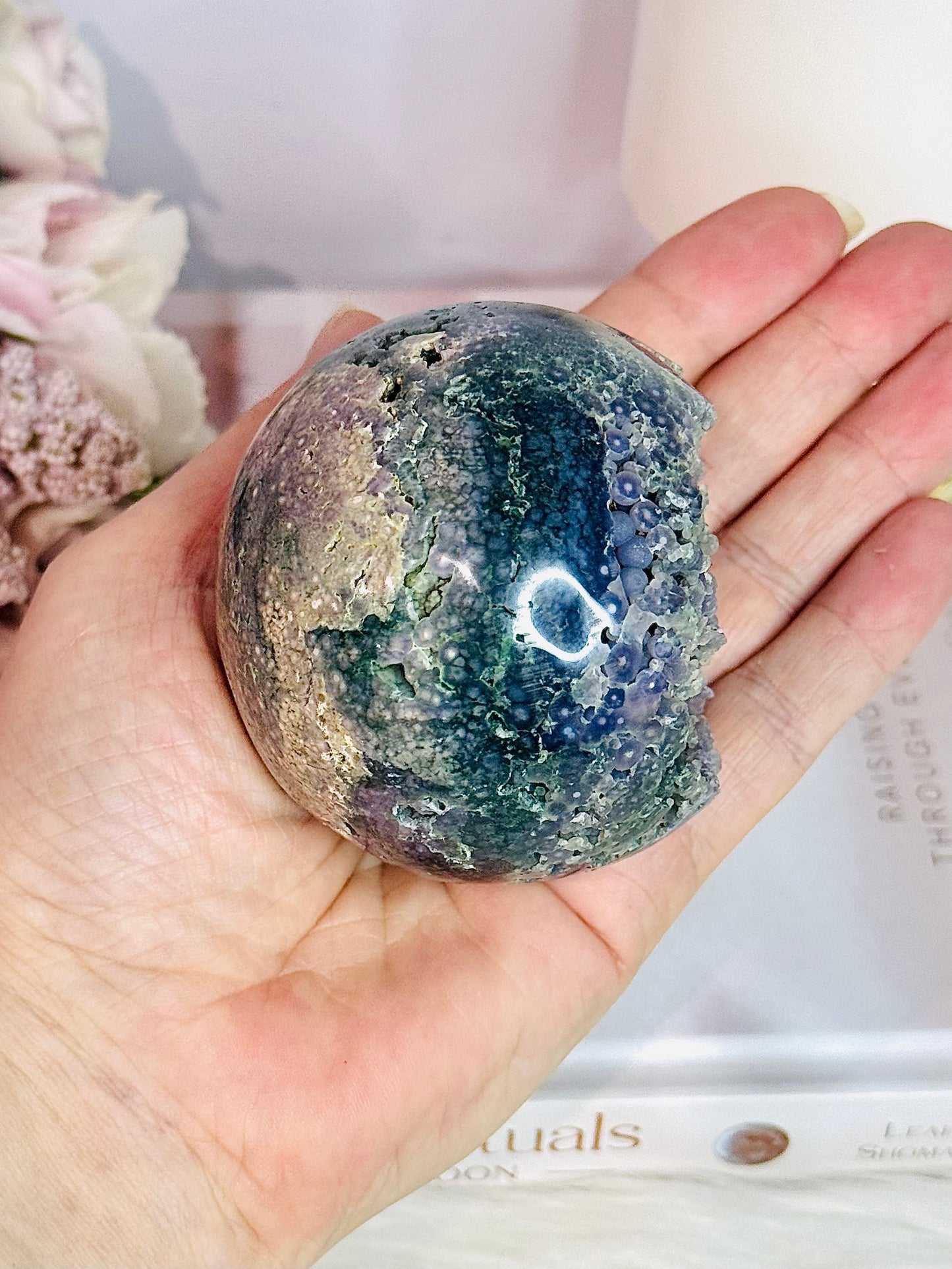 Phenomenally Gorgeous Natural Large Grape Agate Sphere 374grams On Stand