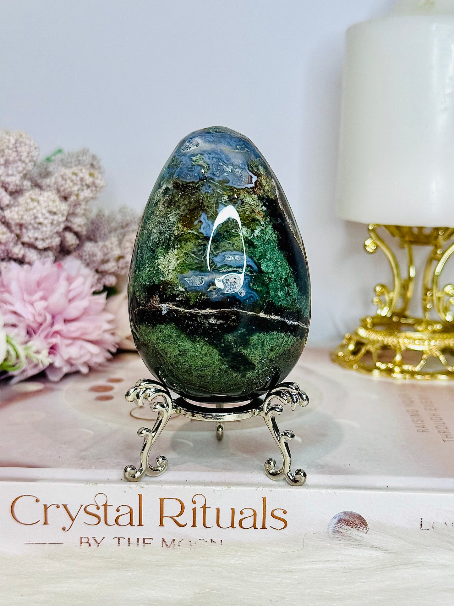 Large Moss Agate Egg on Stand 273g