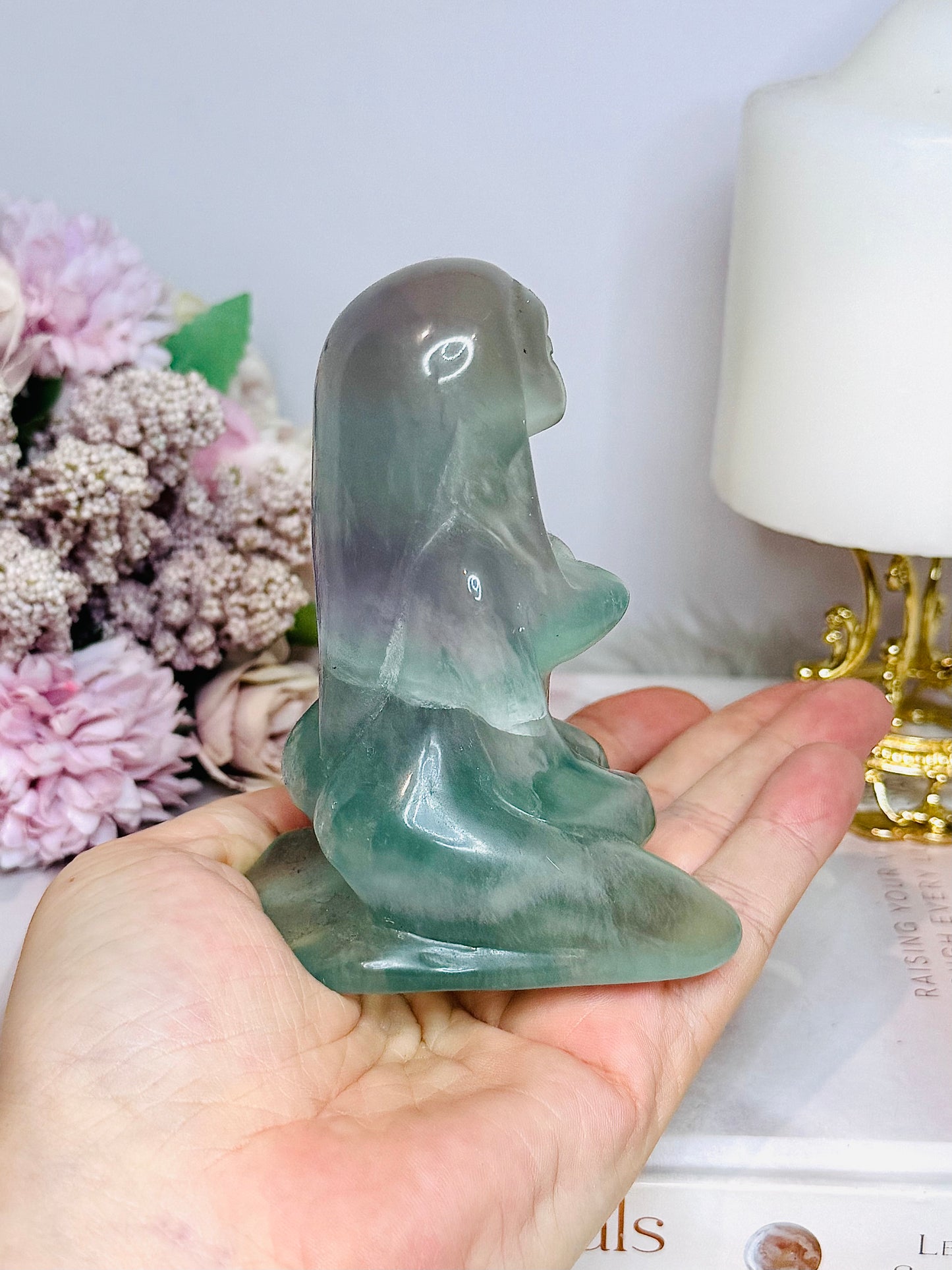Large Mother Earth Fluorite Carving (chip on back foot) 10cm 396g