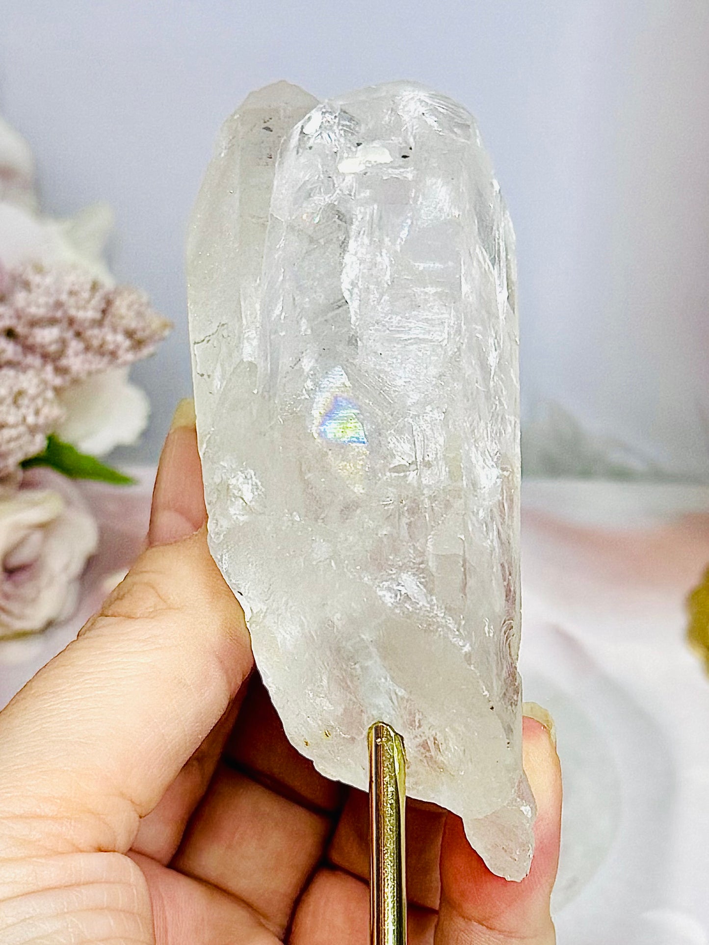 Clear Quartz Double Terminated Point Tower on Gold Stand 13cm