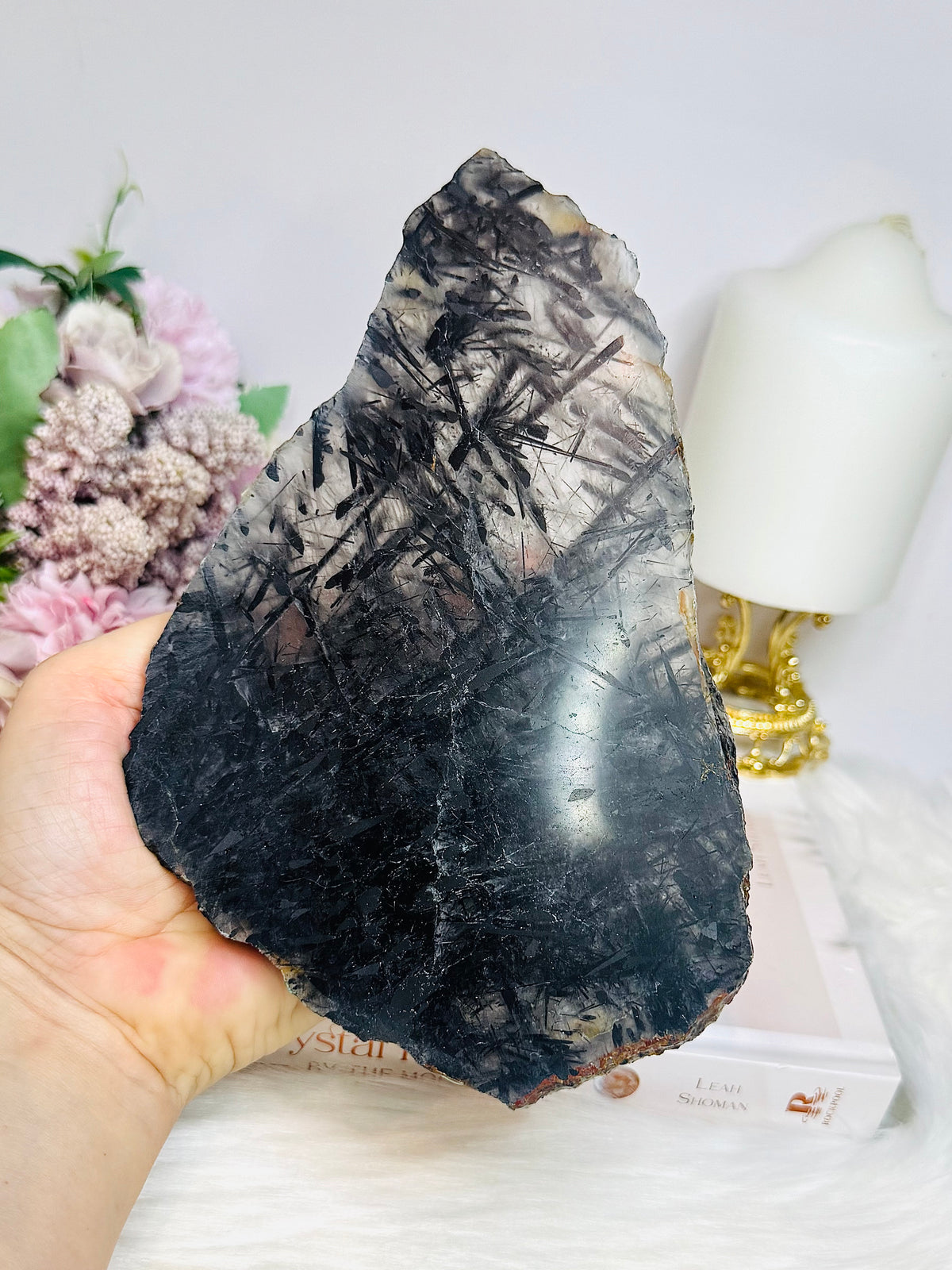 Large Black Tourmaline In Quartz Slab on Stand 19cm