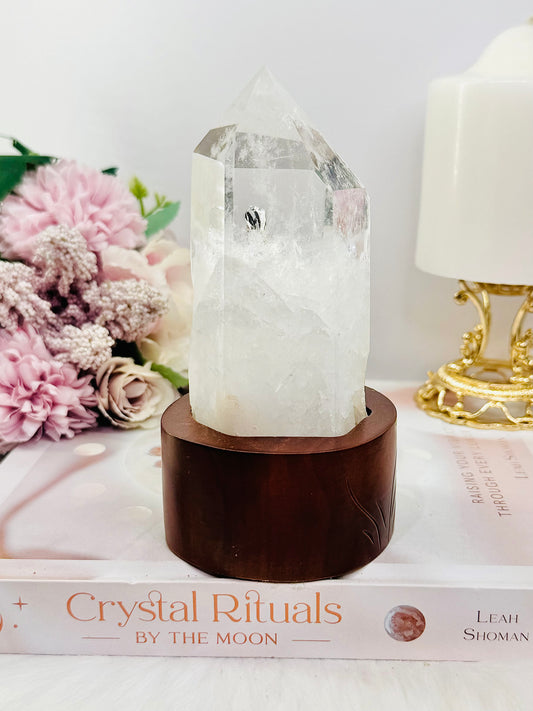 Natural Clear Quartz Tower On Timber Base 14.5cm 512grams