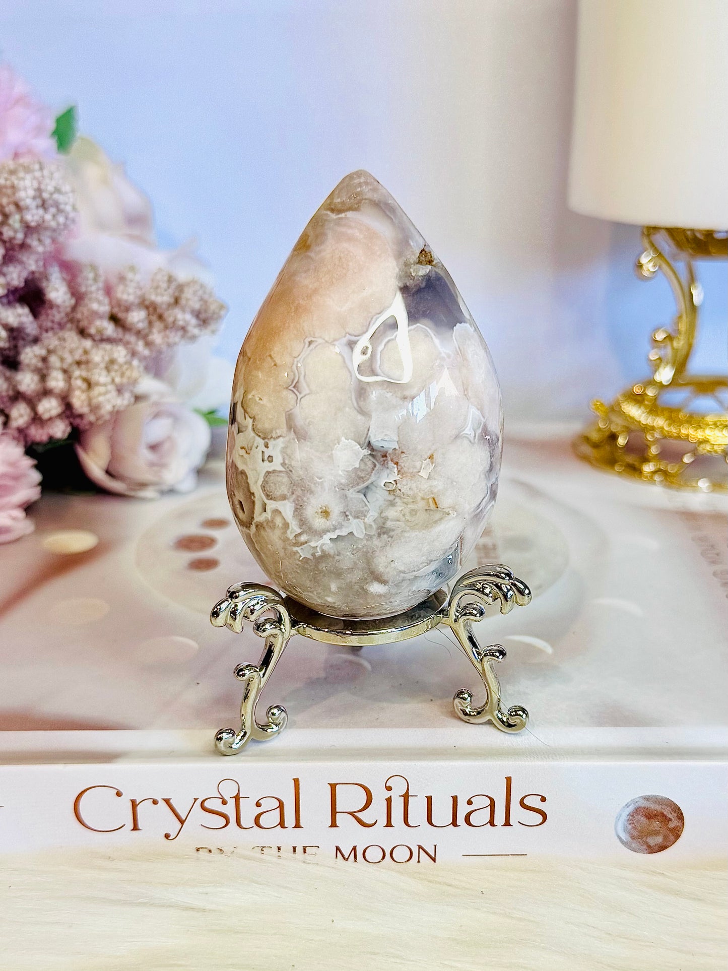 Flower Agate Carved Druzy Egg on Stand From Madagascar