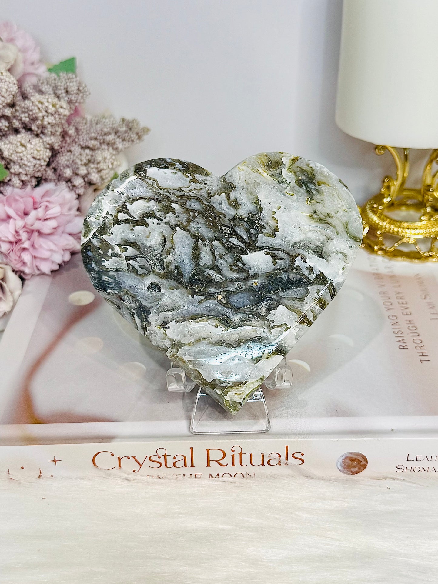Large Moss Agate Druzy Heart On Stand 9.5cm