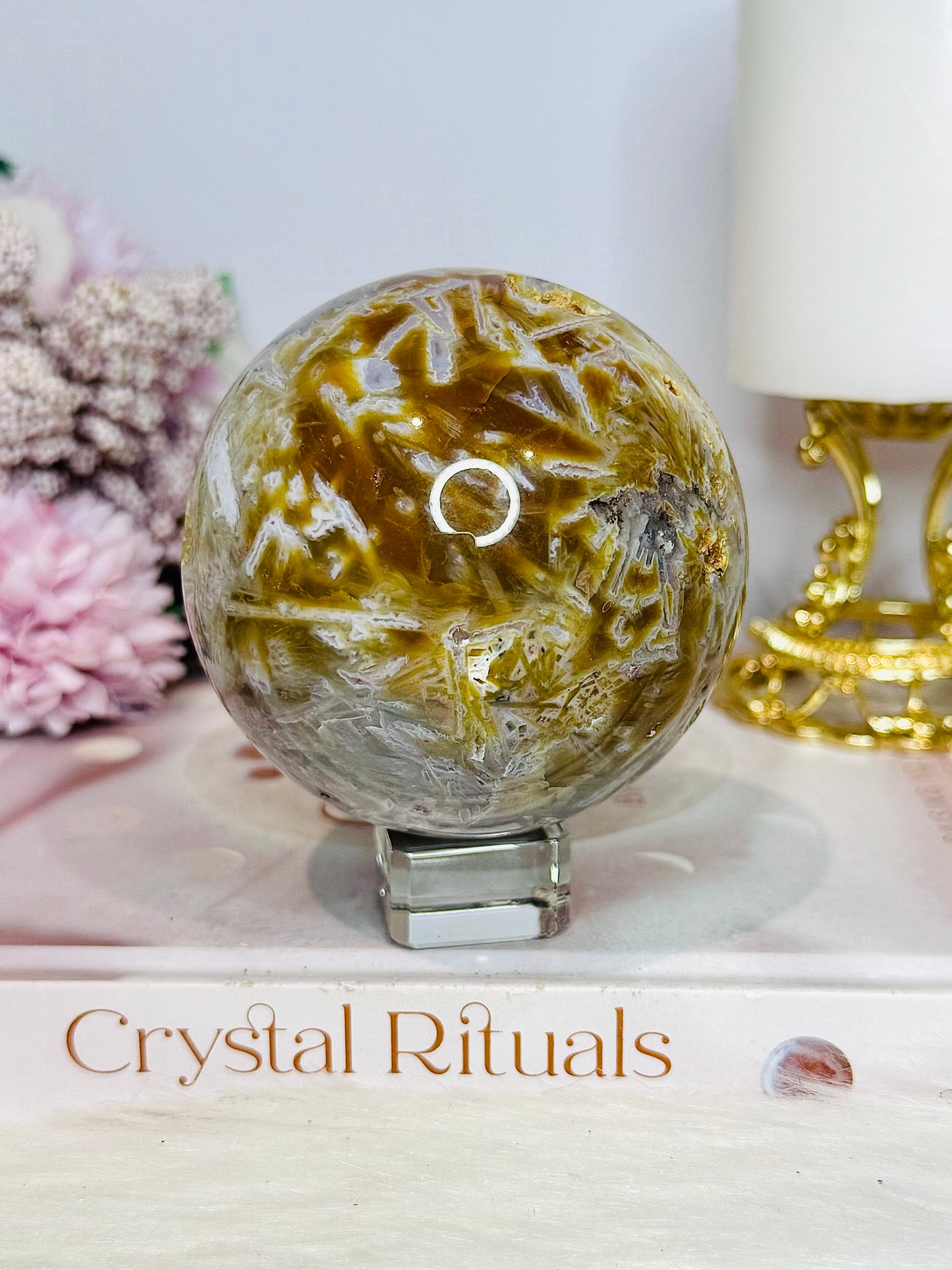 Large Ocean Jasper Rutile Druzy Sphere on Stand