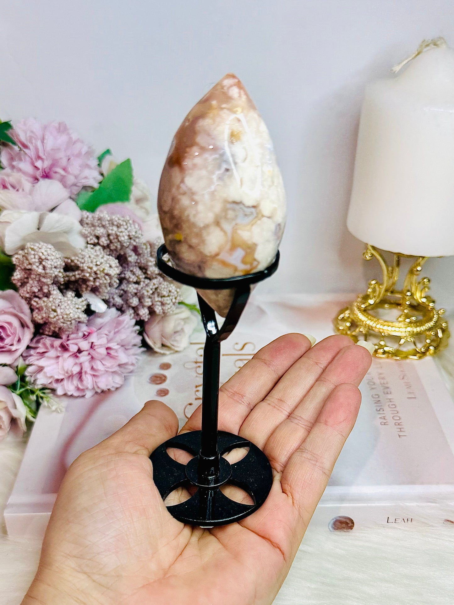 Flower Agate Egg On Stand 14.5cm
