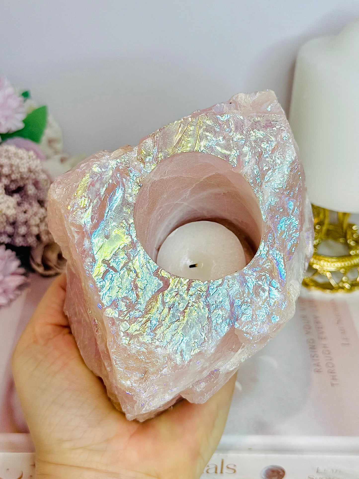 Large Chunky 1.2KG 14cm Angel Aura Rose Quartz Candle Holder