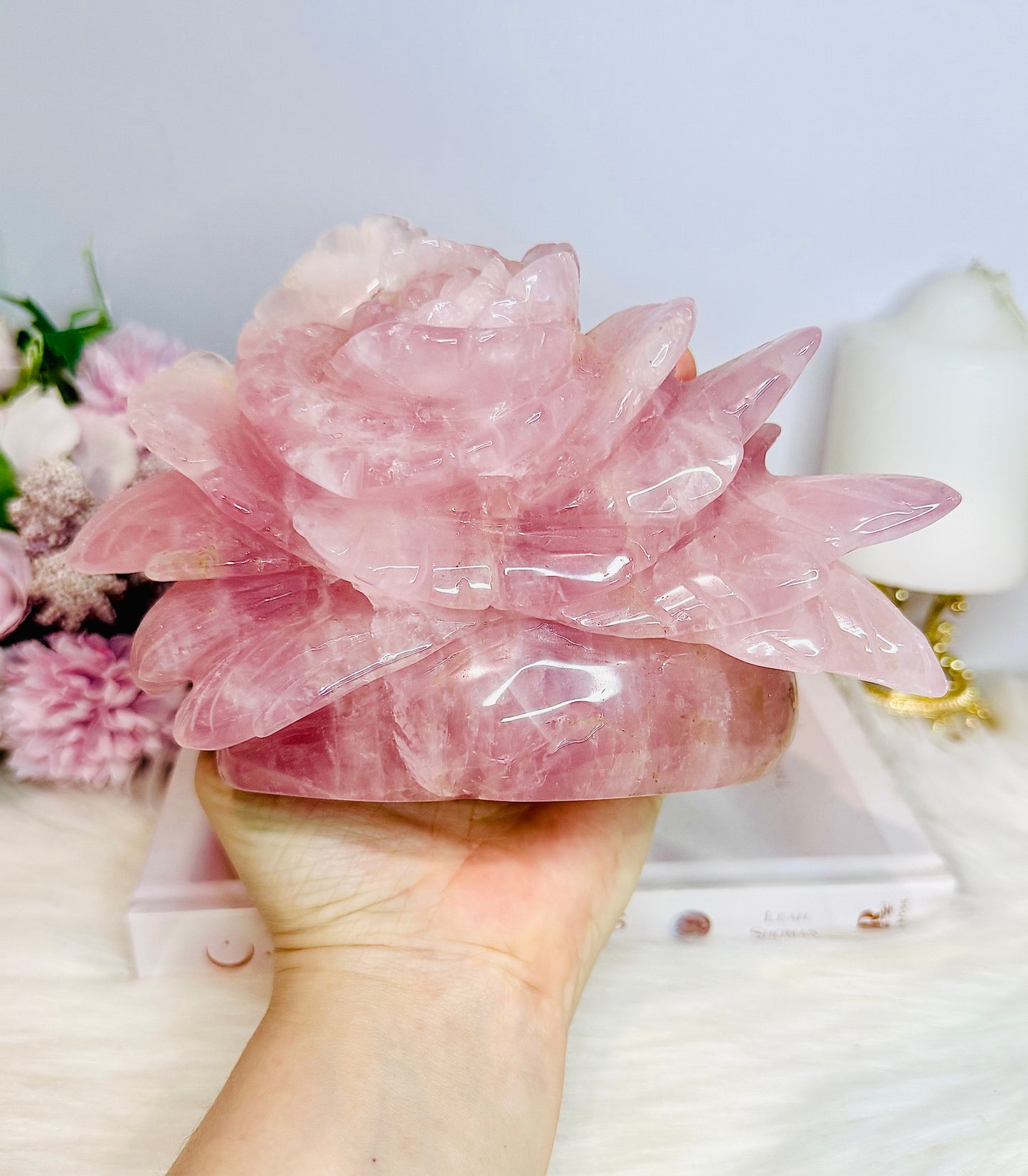 Huge Rose Quartz Carved Flower | Rose 1.4KG