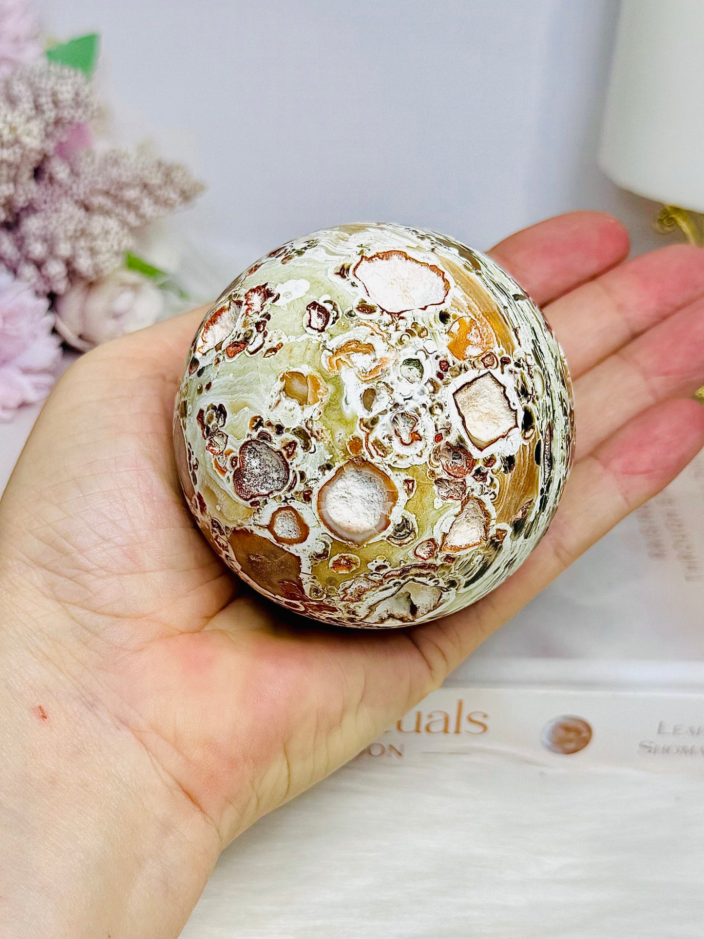 Large Money Agate Druzy Sphere on Stand 389g