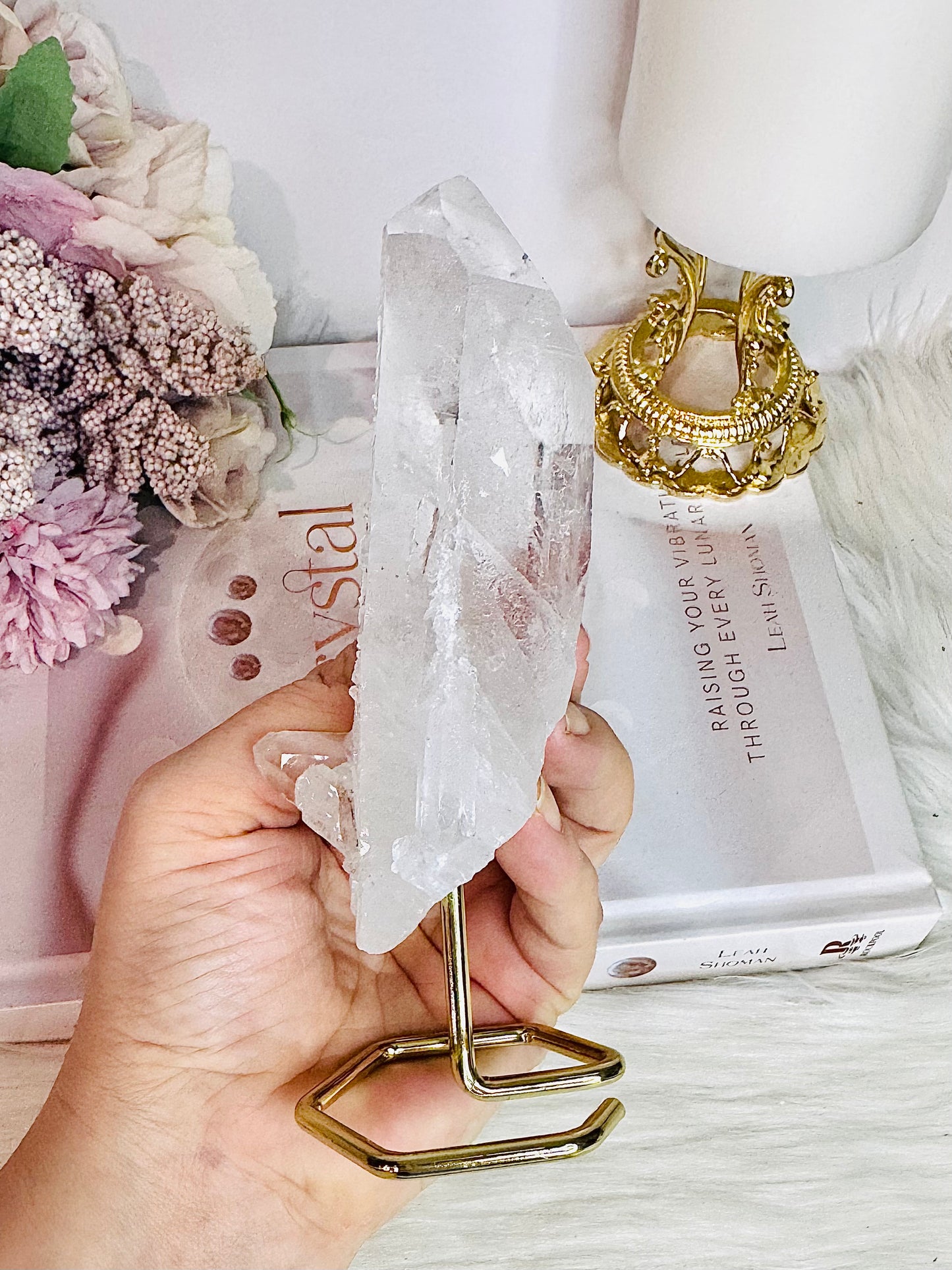 Large Clear Lemurian Quartz Natural Point on Gold Stand 14cm