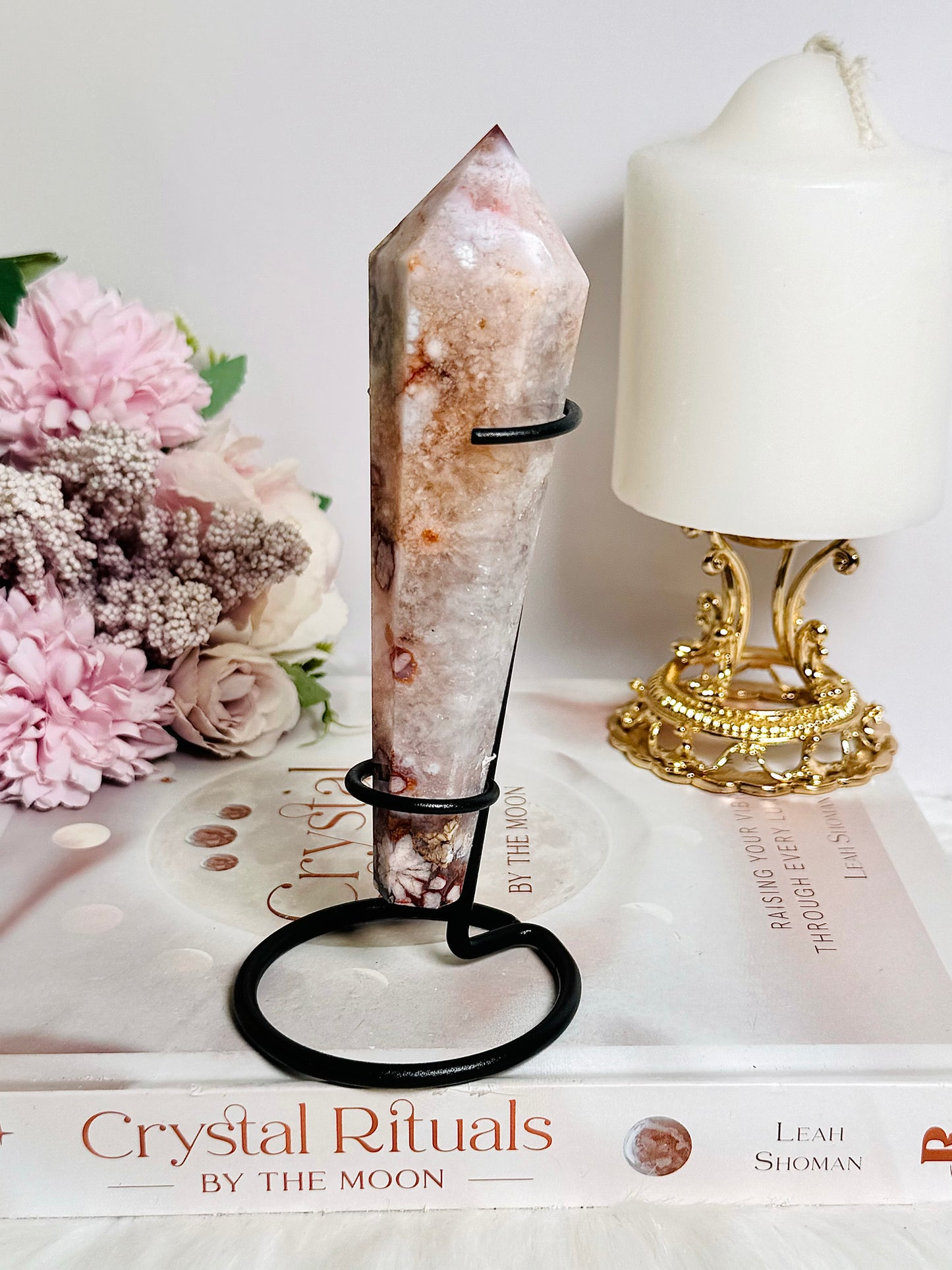 Flower Agate Carved Wand On Stand 15cm