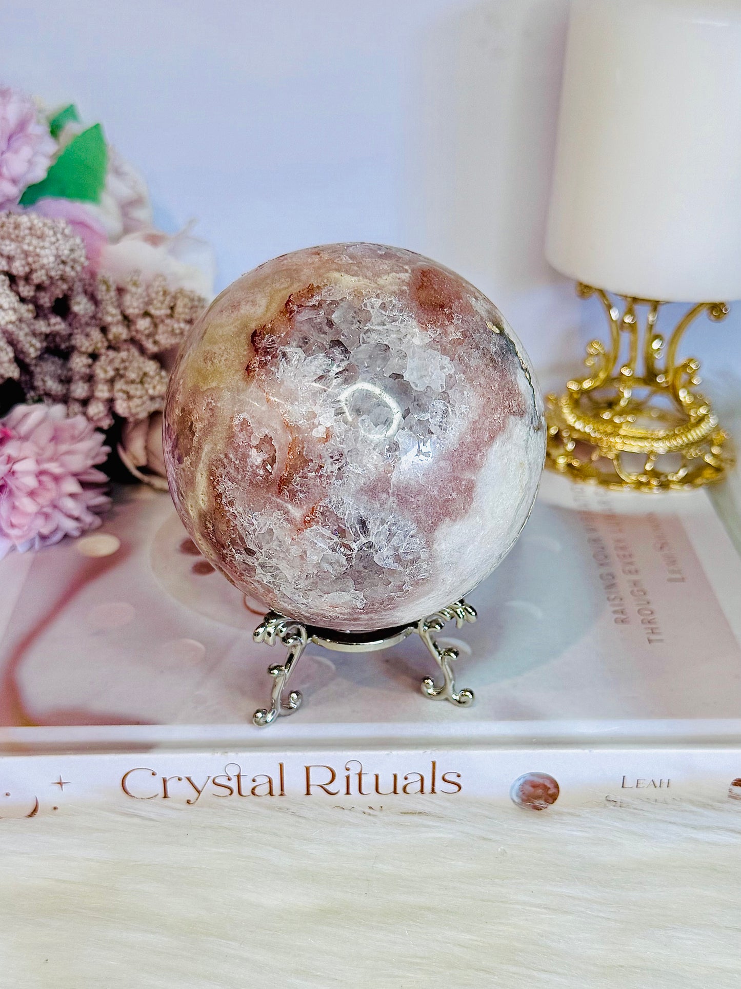 Classy & Fabulous High Grade Pink Amethyst Druzy Sphere On Stand From Brazil 702grams