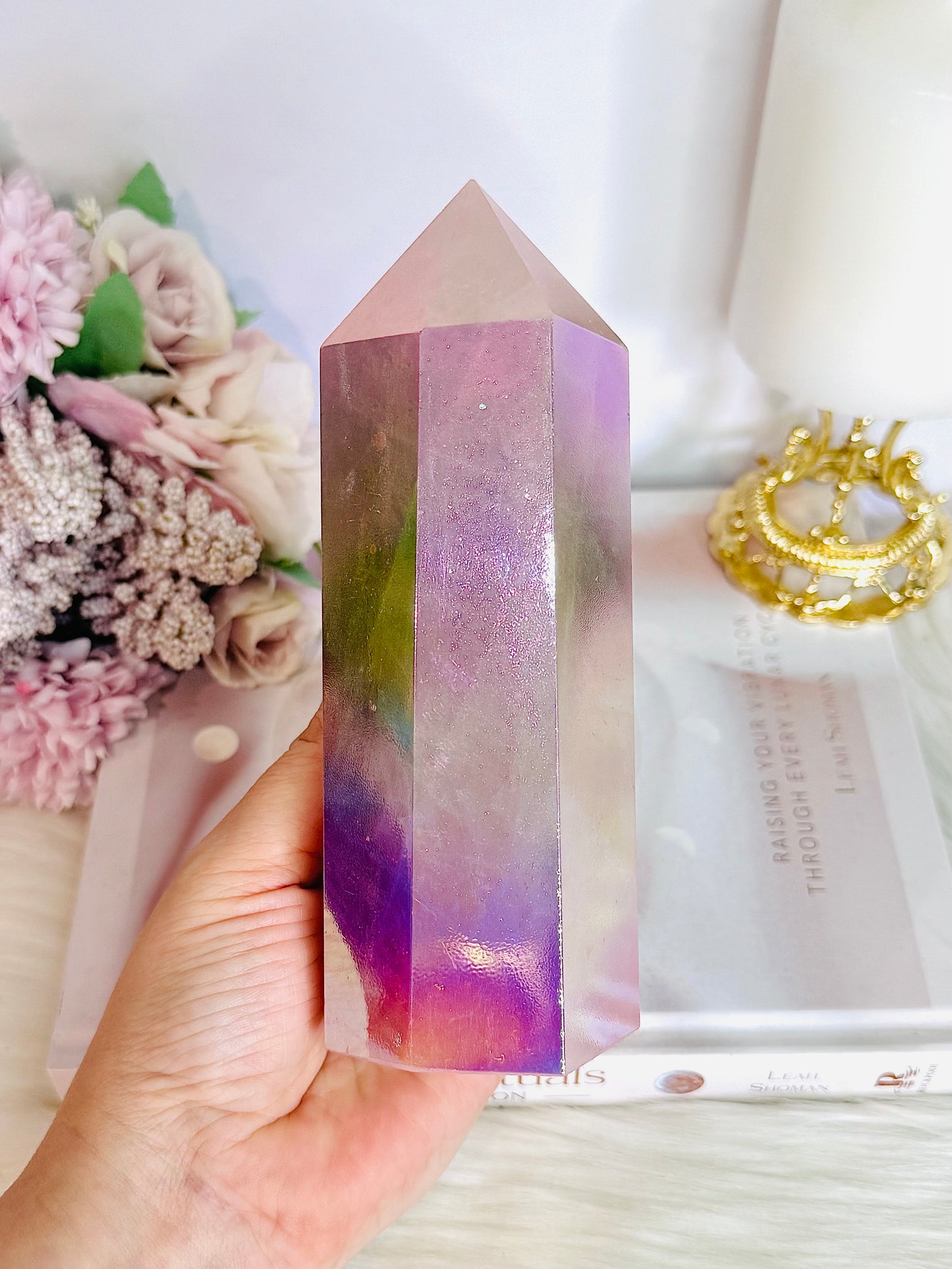 Large Angel Aura Chunky Rose Quartz Tower 15.5cm