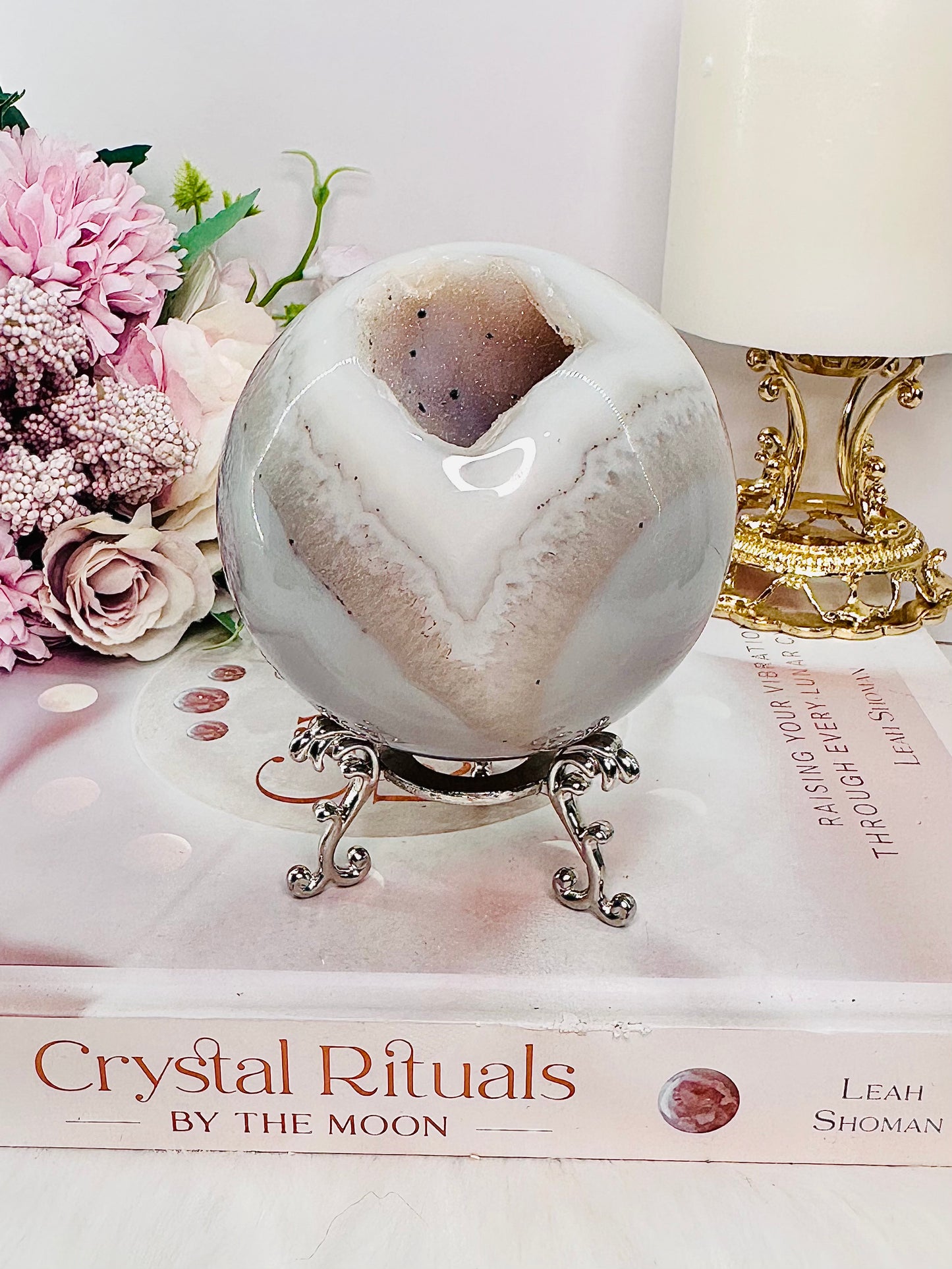 Stunning Large 529gram Sugar Druzy Agate Sphere on Stand