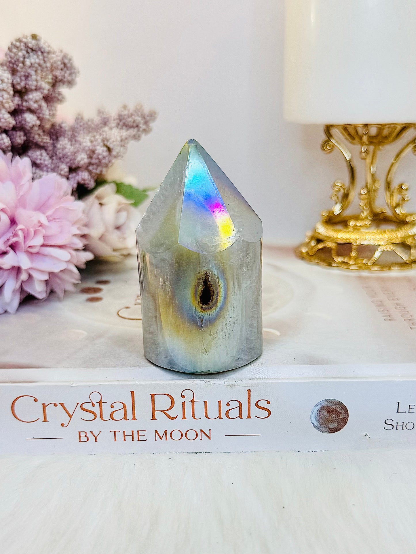 Beautiful 7cm Angel Aura Druzy Agate Tower | Cylinder (Reduced as tip is chipped)