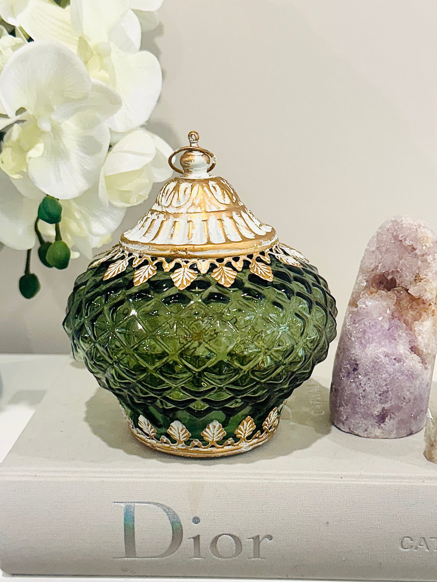 Glass Lantern Led Temple Green Avocado 15.5cm