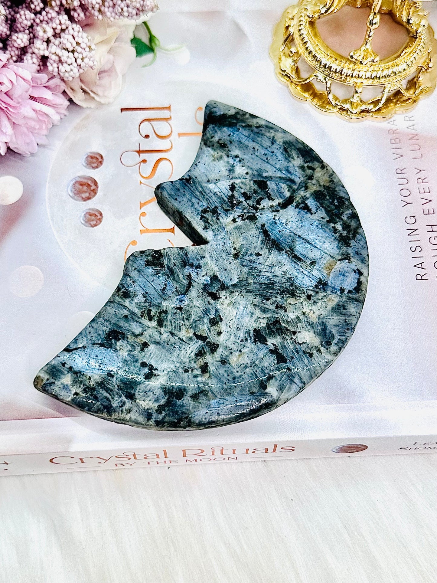 Incredible Large Larvikite Moon Carving Full of Blue Flash