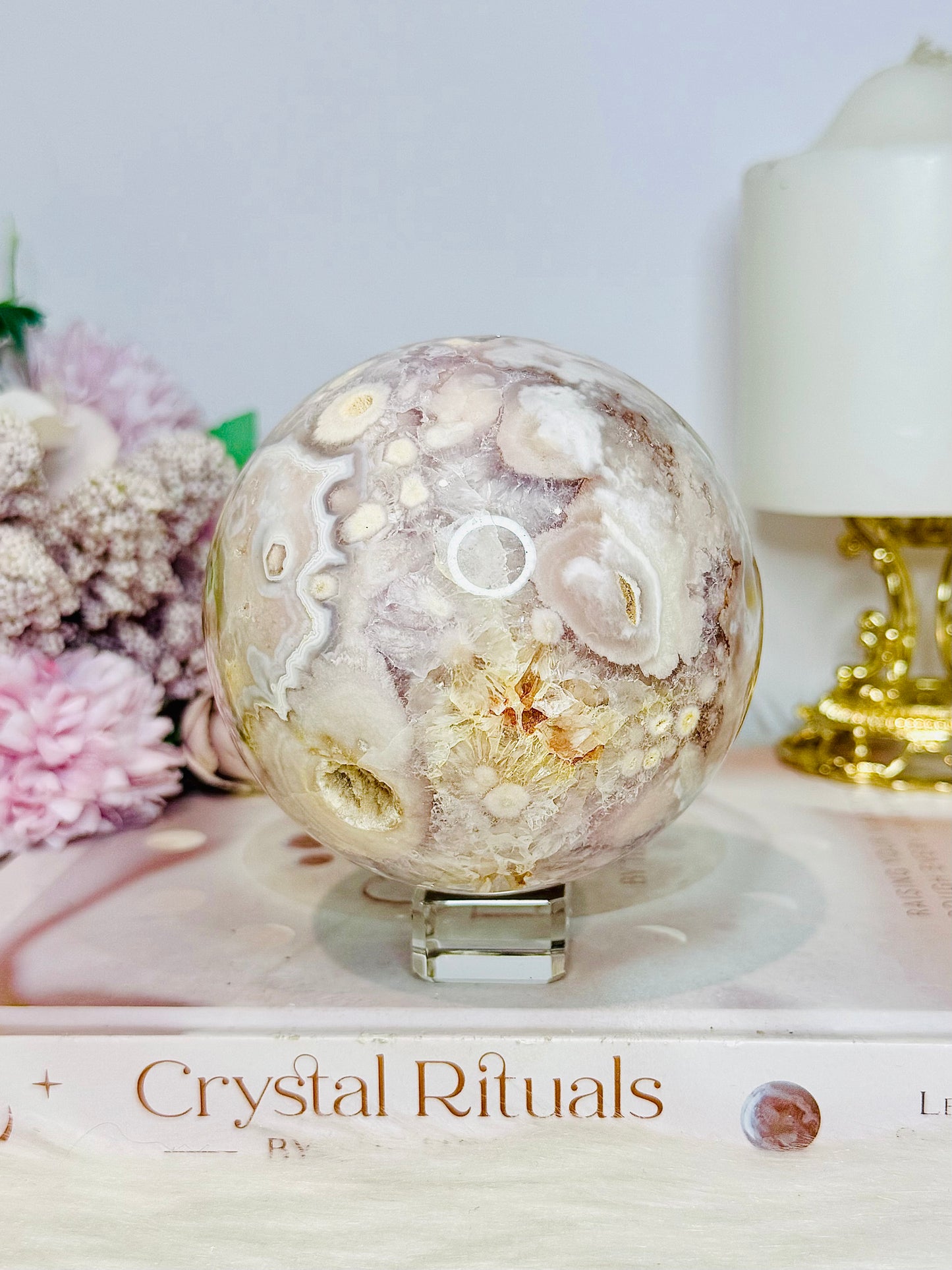 Rare Pink Amethyst X Flower Agate Large Sphere 890g On Stand
