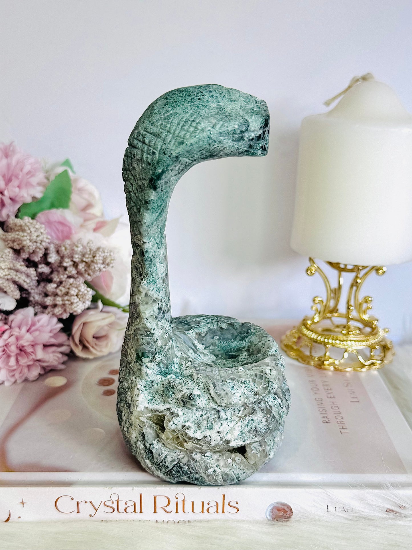 Moss Agate Large Carved Snake | Cobra 16cm
