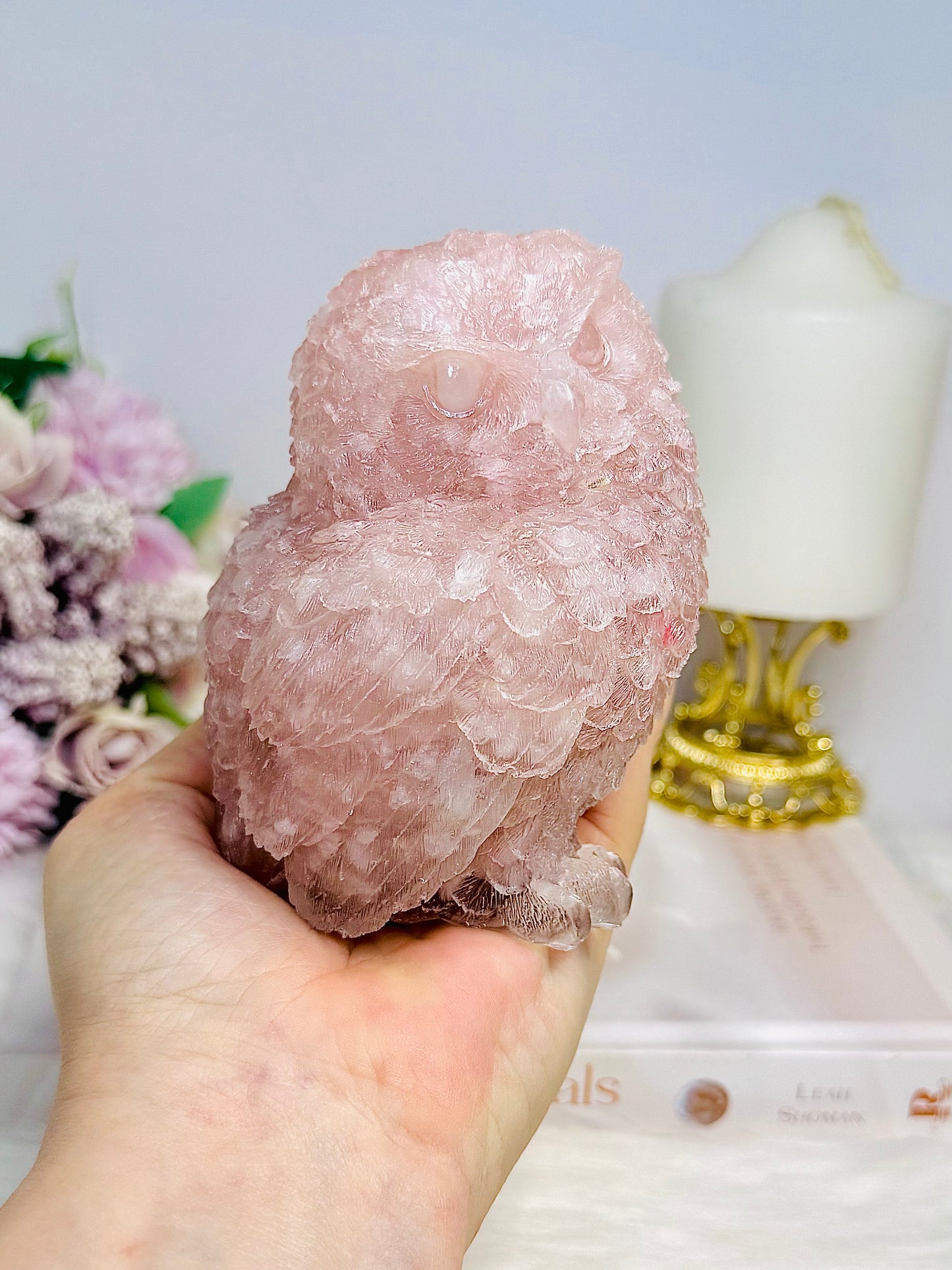 Large Rose Quartz Filled Resin Owl 10cm 639g