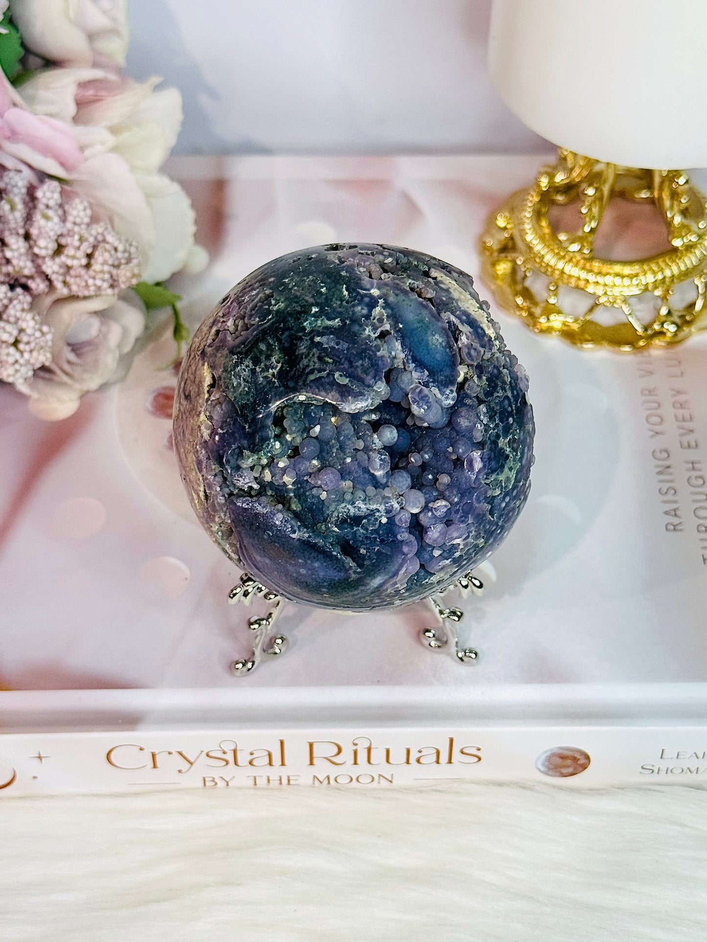 Phenomenally Gorgeous Natural Large Grape Agate Sphere 374grams On Stand