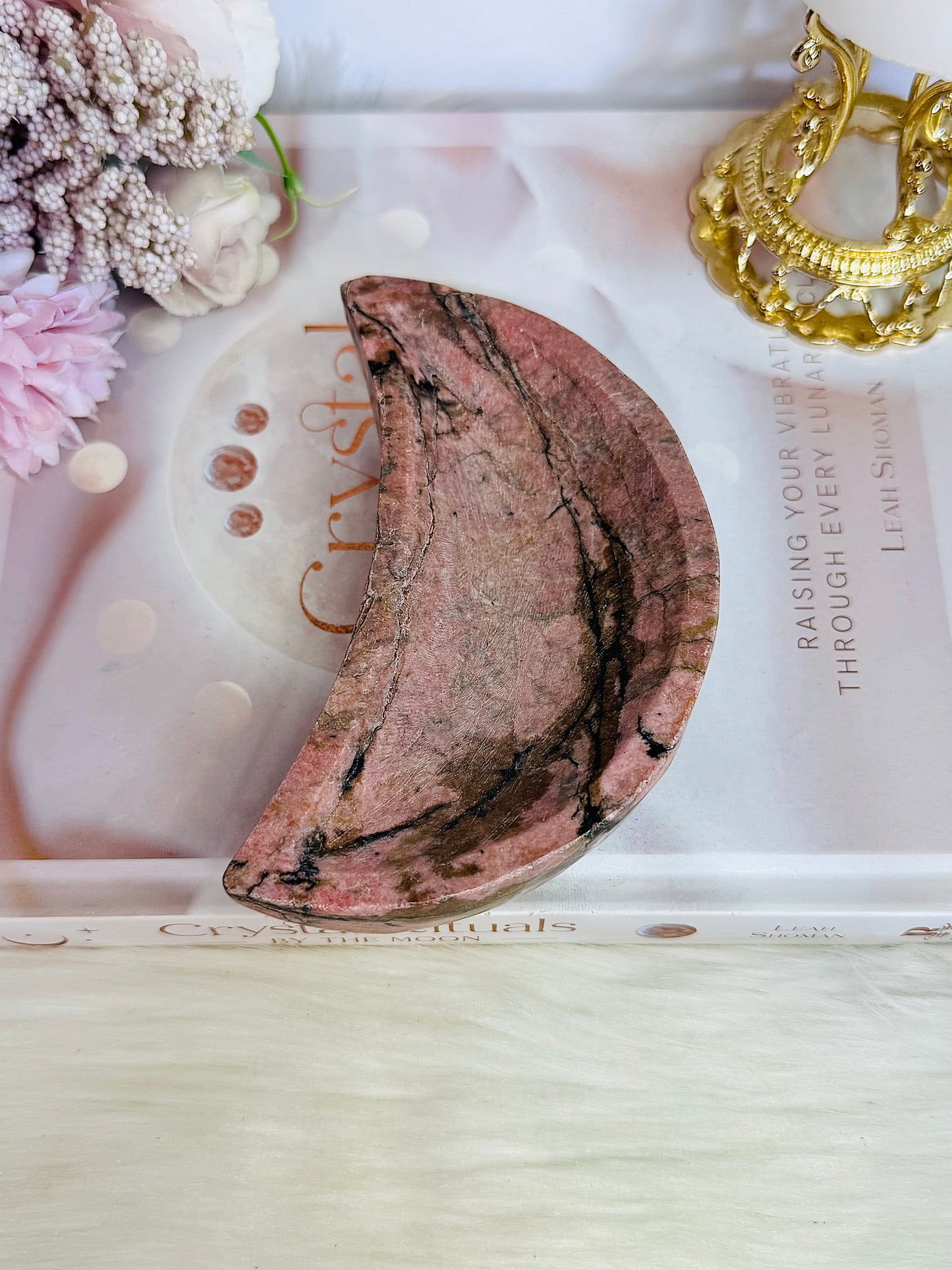 Chunky Large Rhodonite Carved Moon Bowl 12cm 559grams