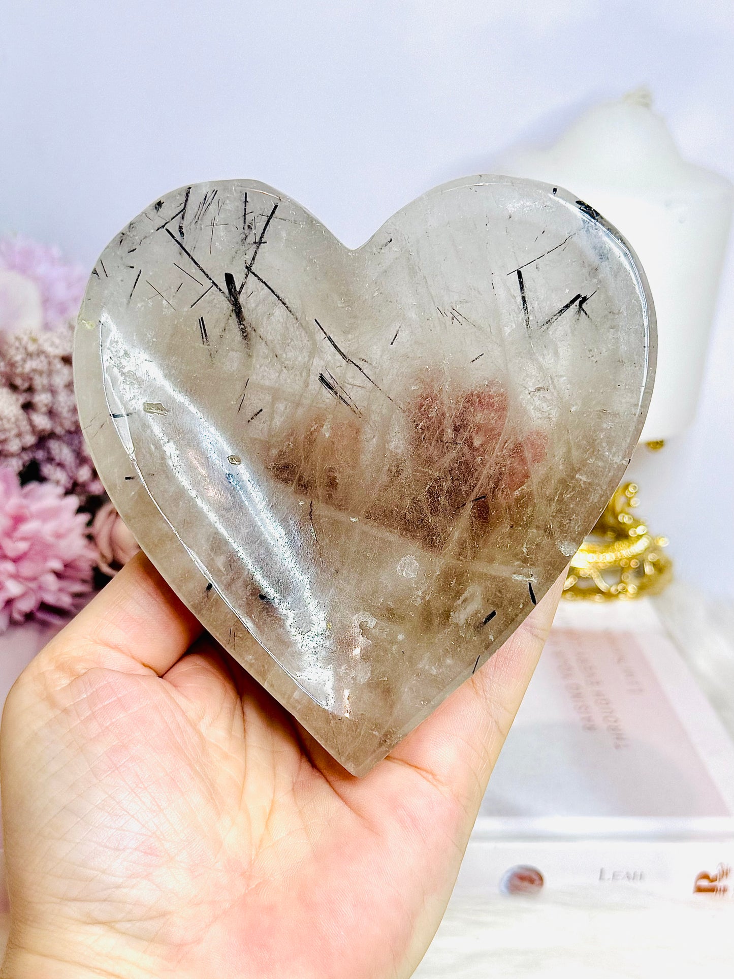 Large Chunky Black Tourmaline In Quartz Carved Heart Bowl 395g